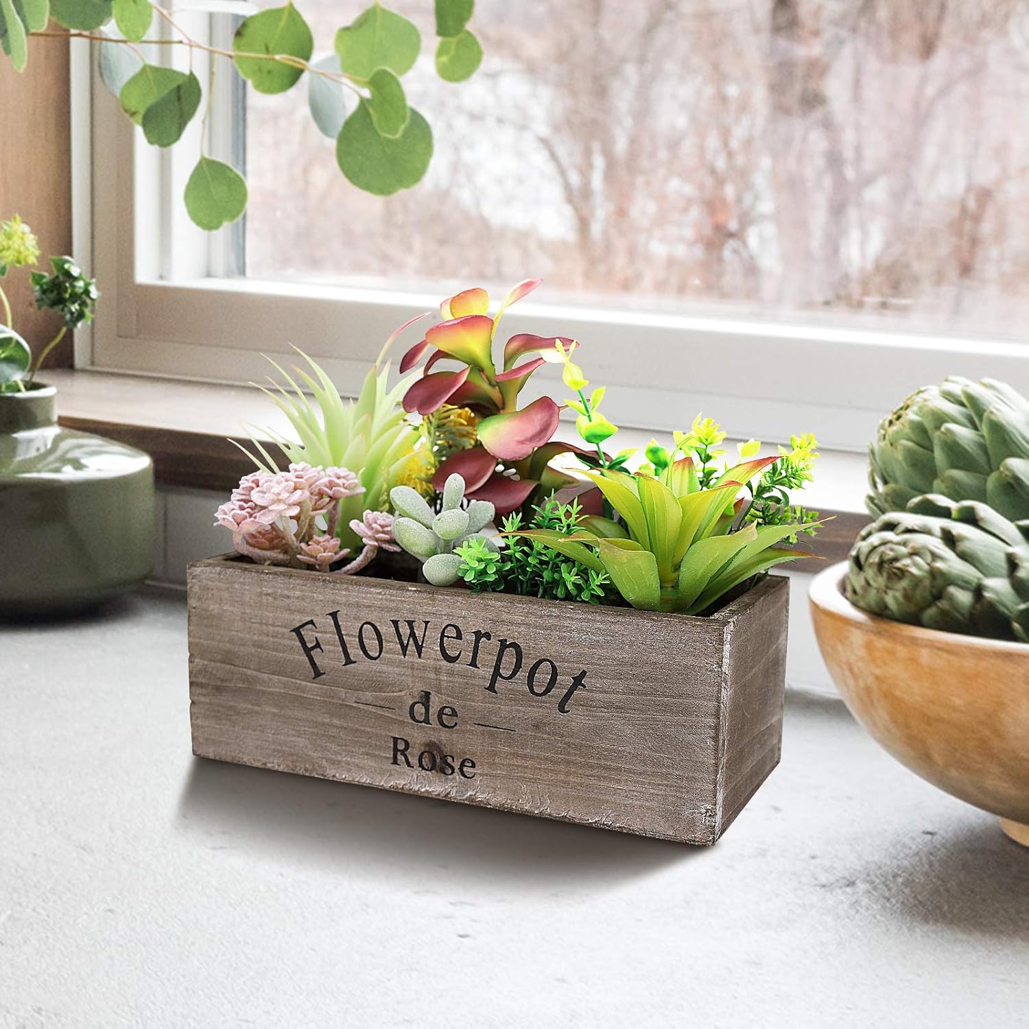 Hopewood Artificial Succulent Plants in Wooden Planter Box