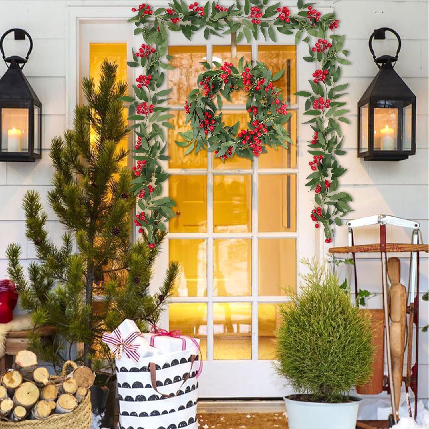 Artificial Hanging Willow Vines with Red Berries Christmas Garland 2Pcs