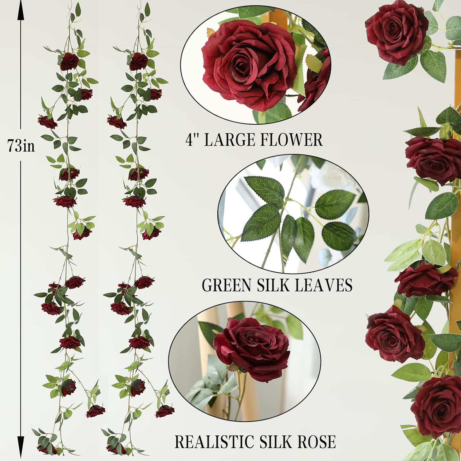 2 Strands 73 Inch Artificial Silk Rose Garland Burgundy