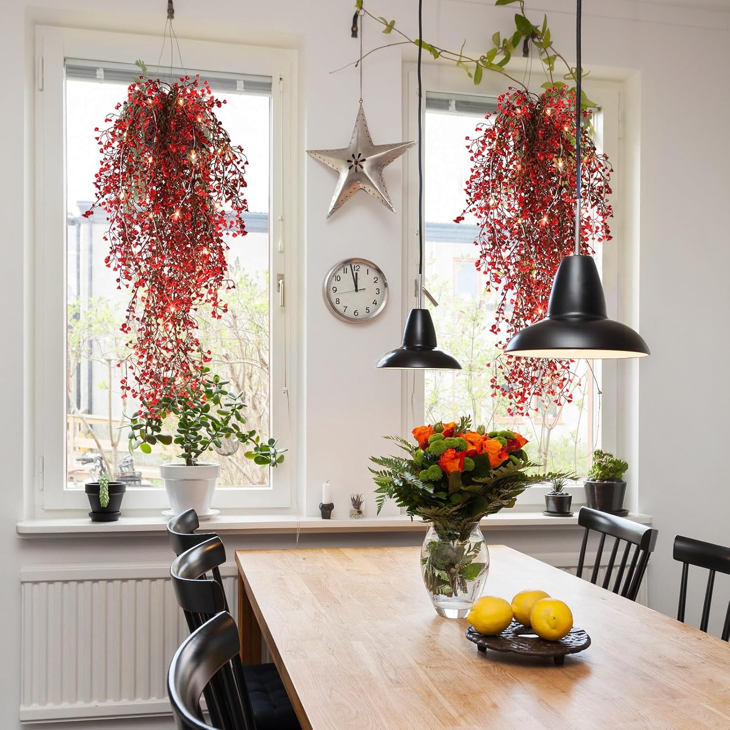 RECUTMS Artificial Hanging Fern Lighted with 30 LED Fake Ivy Vines for Home Decor Pack of 4 Red