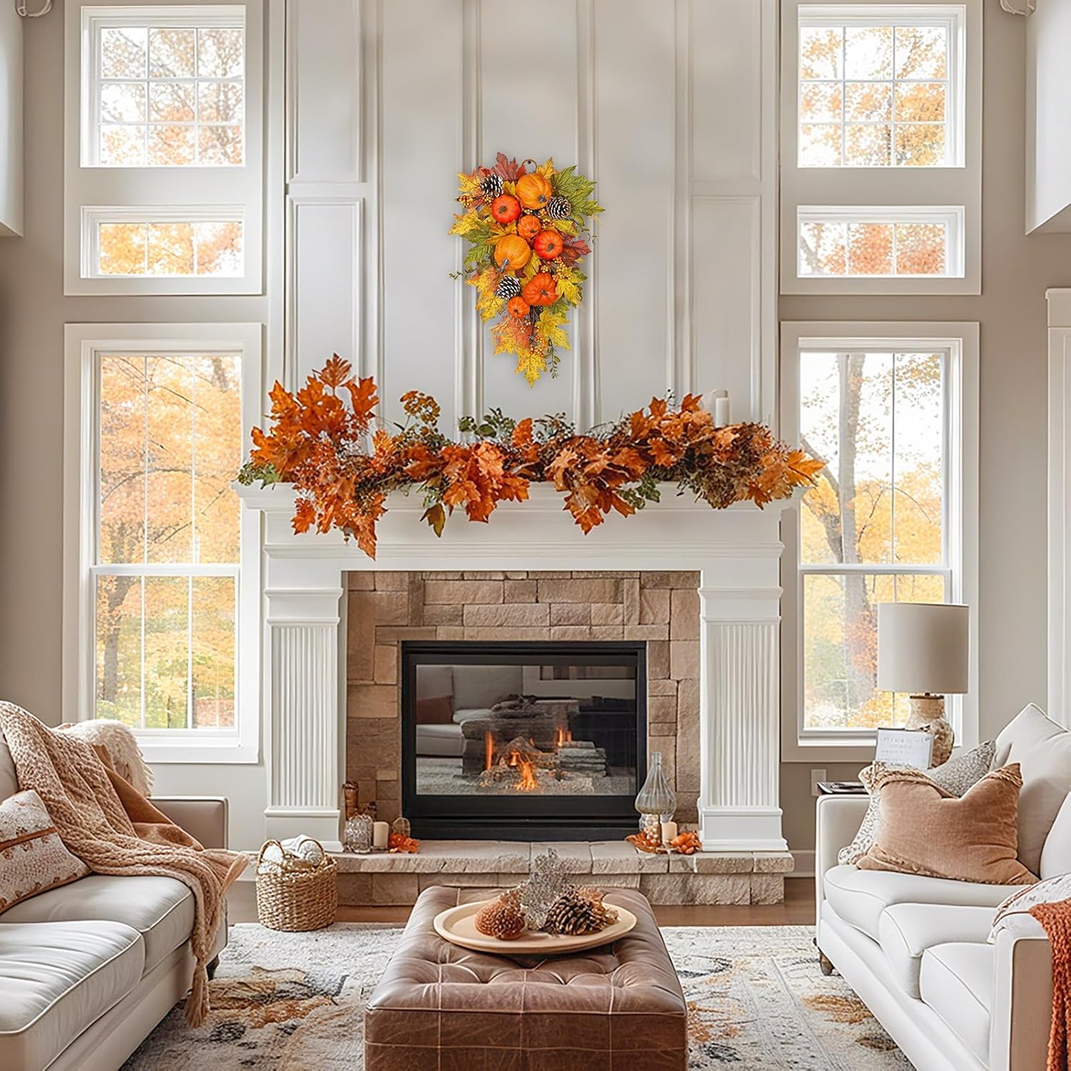 Elegant Fall Wreath and Swag with Fake Pumpkins for Farmhouse Dcor