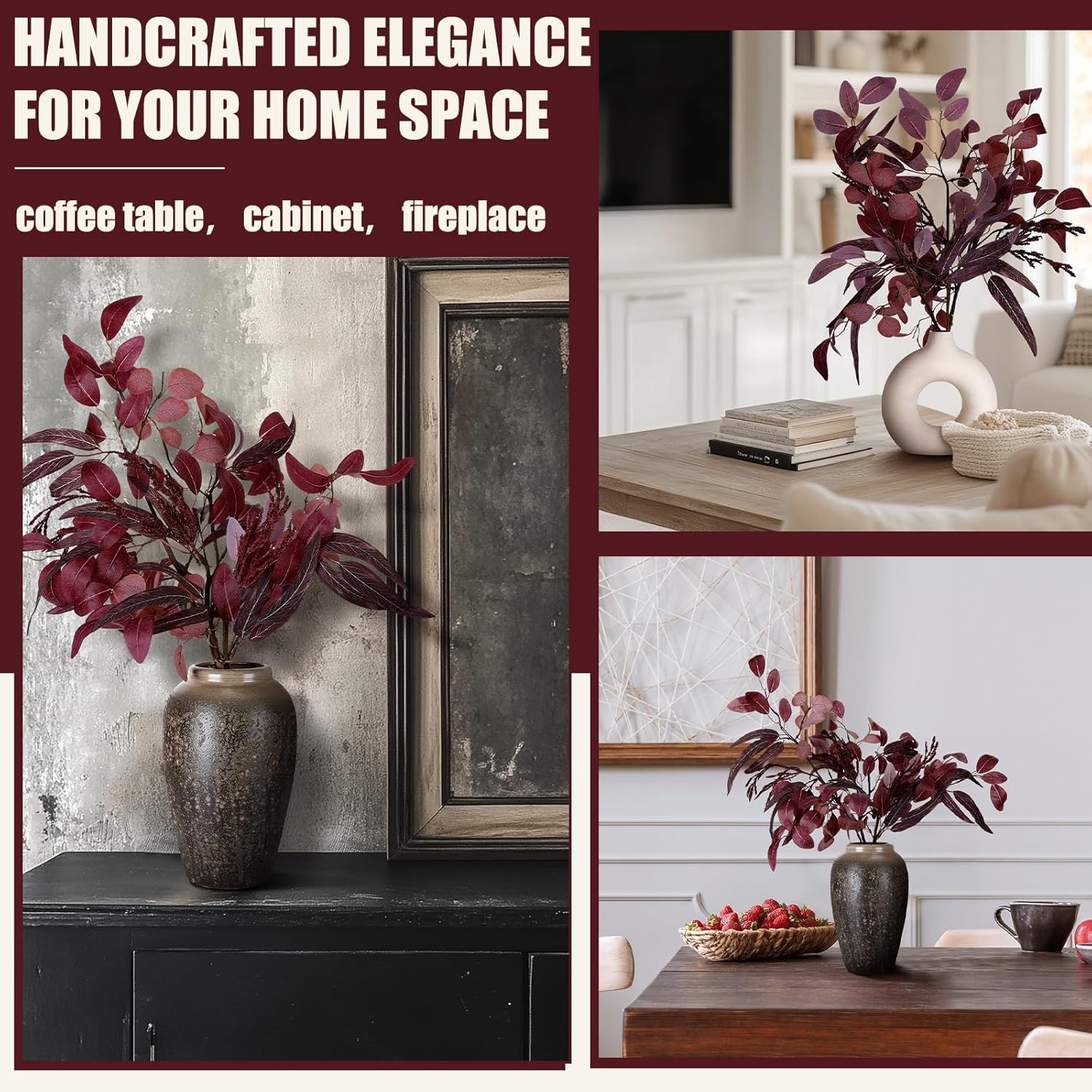 3 Pcs 30 Inch Burgundy Artificial Eucalyptus Stems for Fall Decor