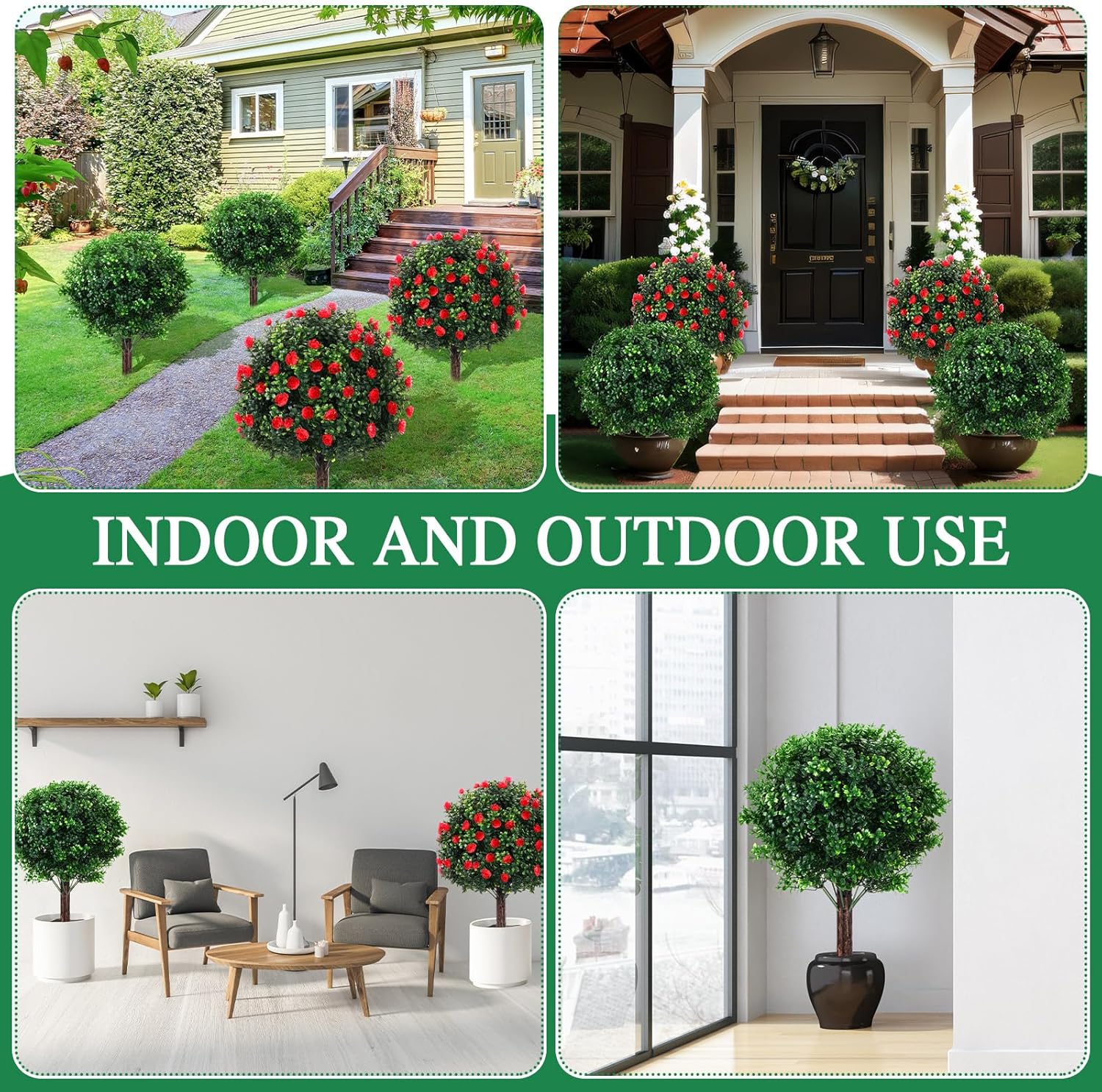 Giegxin Artificial Boxwood Topiary Ball Trees and Rose Bushes Set of 4
