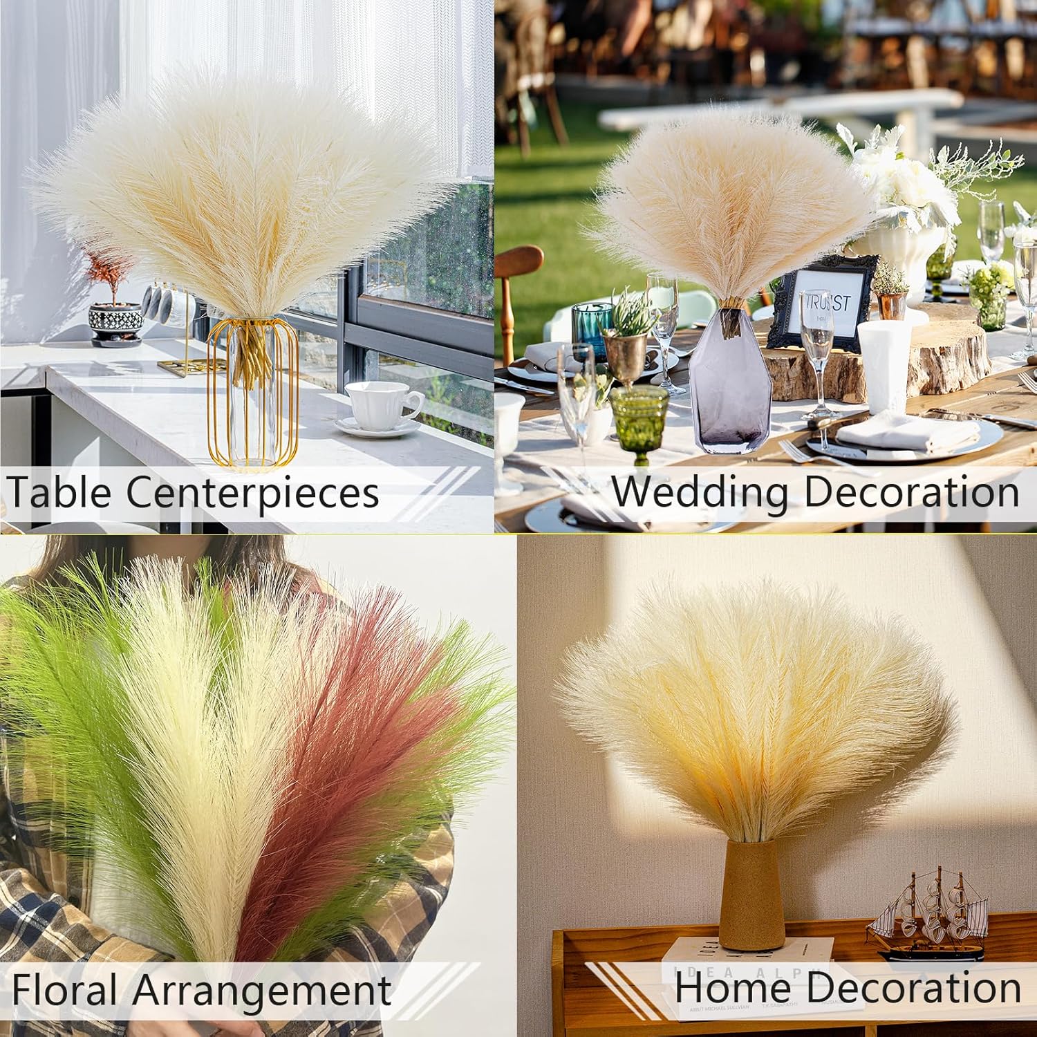 10 Stems Faux Pampas Grass - 177 Inch Artificial Decor for Boho Home