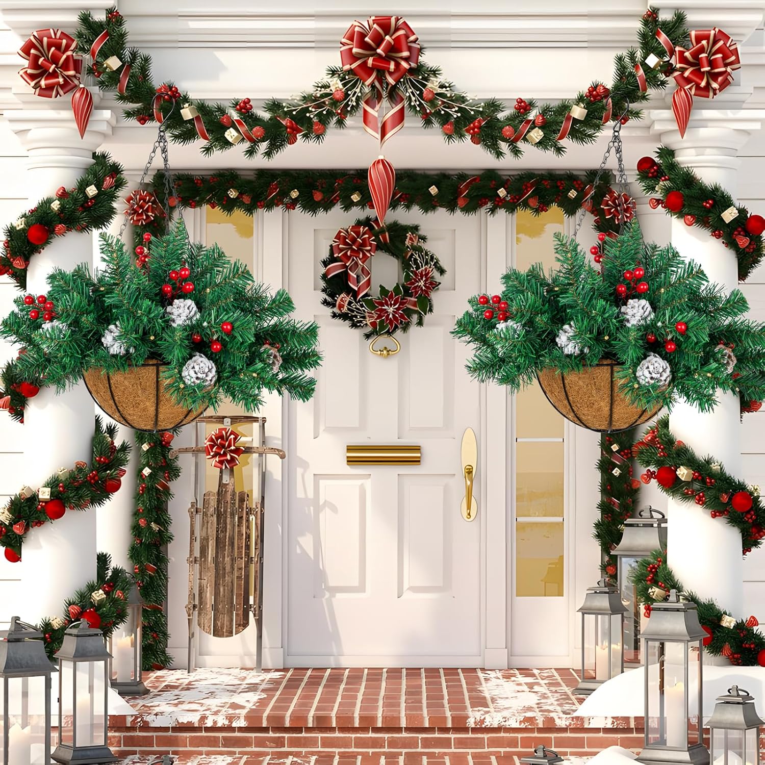 Ciaell 22inch Artificial Christmas Hanging Basket with LED Lights and Pine Cones Berries