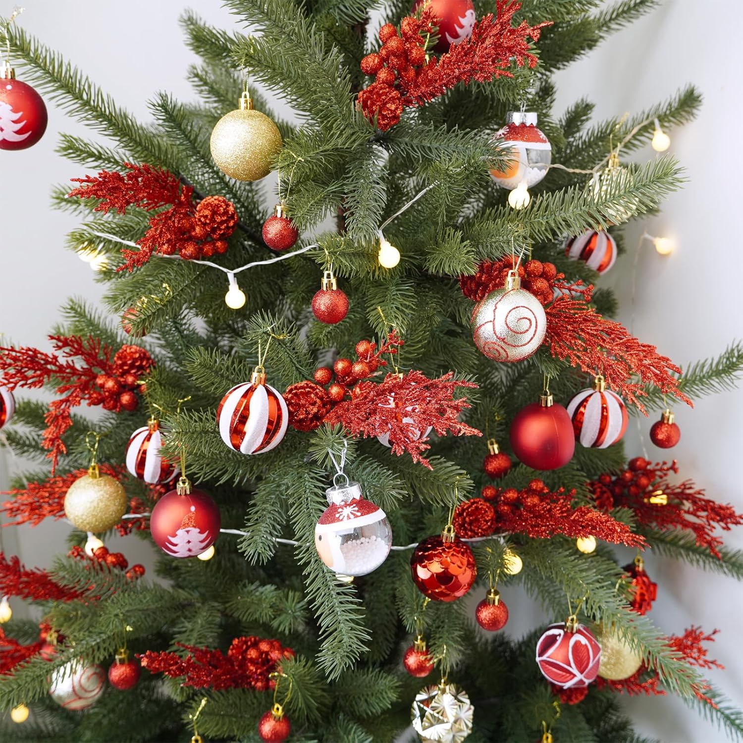 Winlyn 12 Pcs Red Glitter Artificial Pine Branches with Pinecone and Berries for Christmas Decor