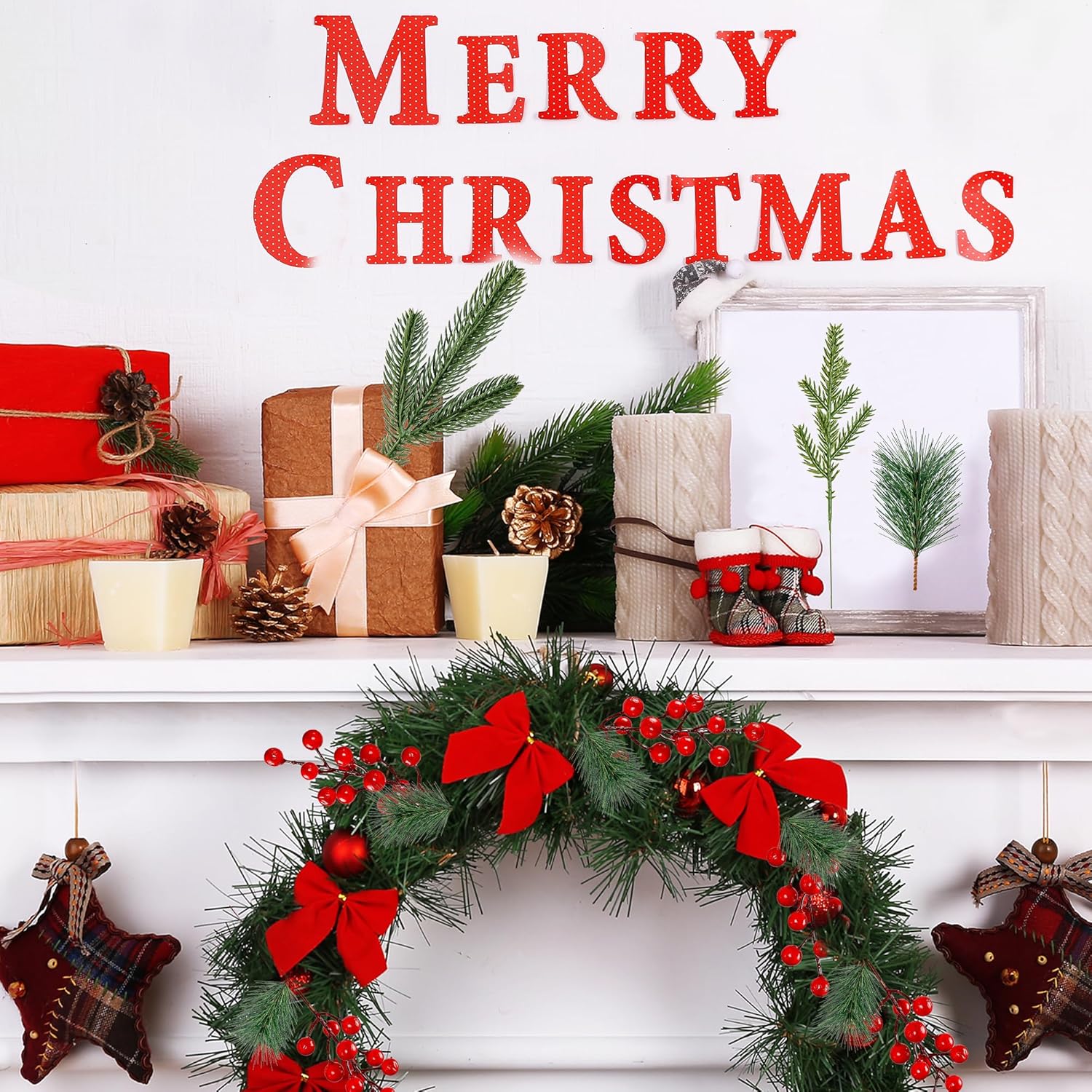 Sggvecsy 60 Pcs Artificial Pine Branches and Red Berry Stems for Christmas Decor