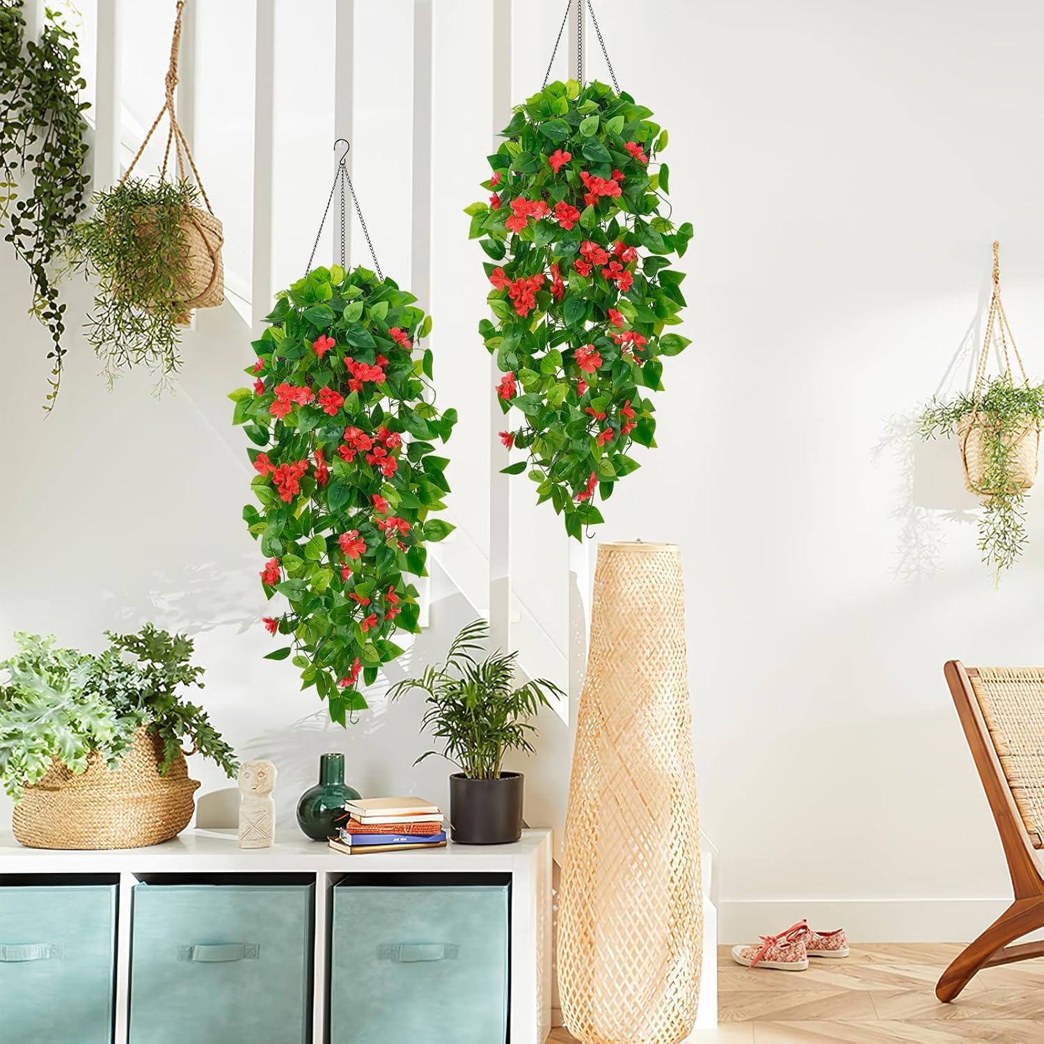 BLEUM CADE 2pcs Fake Hanging Pothos Vines with Red Flowers for Wall Decor