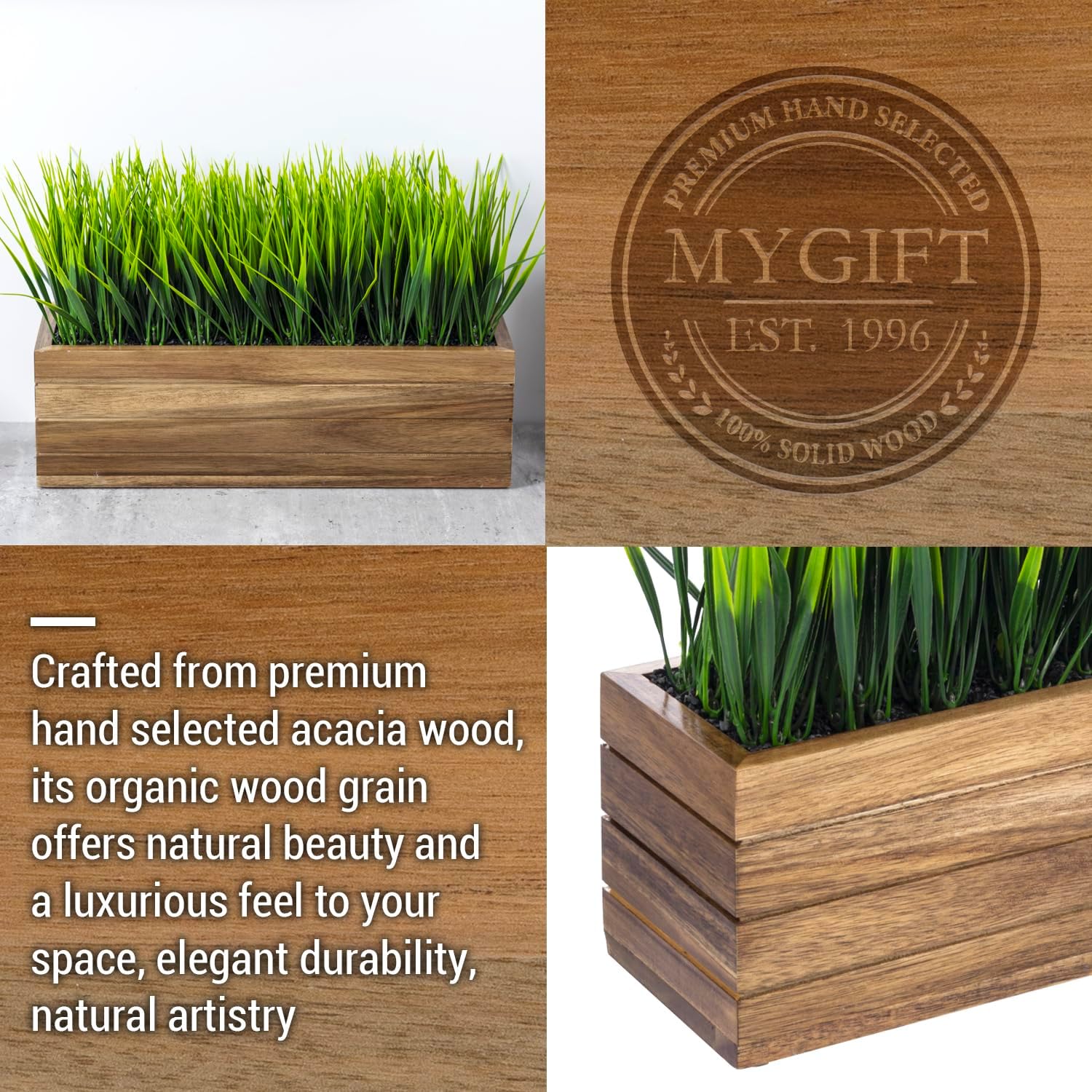 MyGift 14 Inch Artificial Grass in Acacia Wood Planter