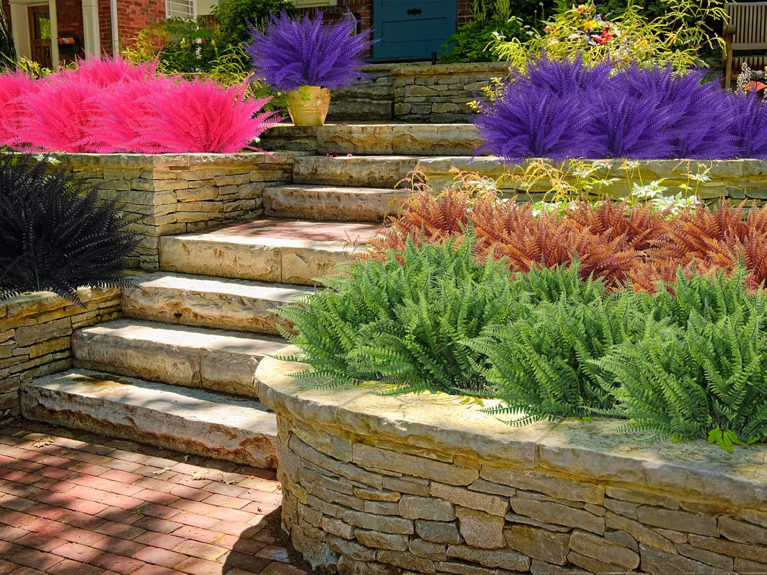 RECUTMS 6Pcs Artificial Boston Fern Plants Black UV Resistant Outdoor Indoor Decor