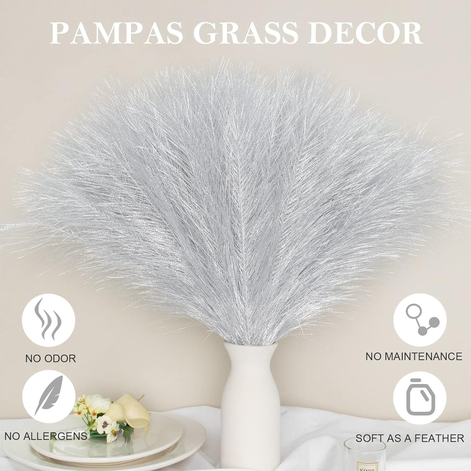 Pusuny 5PCS 18 Inch Silver Artificial Pampas Grass
