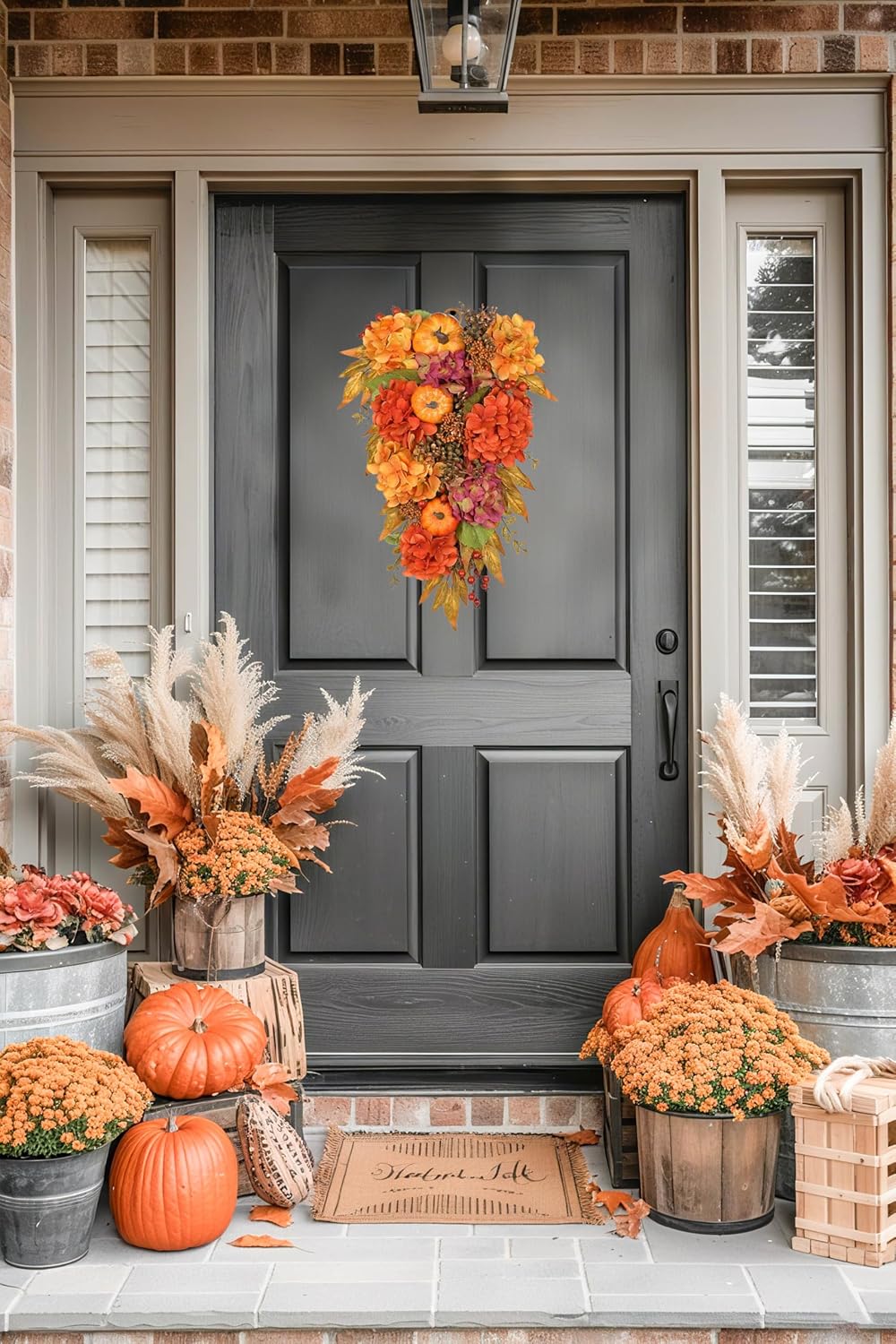Artificial Teardrop Swag with Fake Hydrangeas and Pumpkins Fall Decor