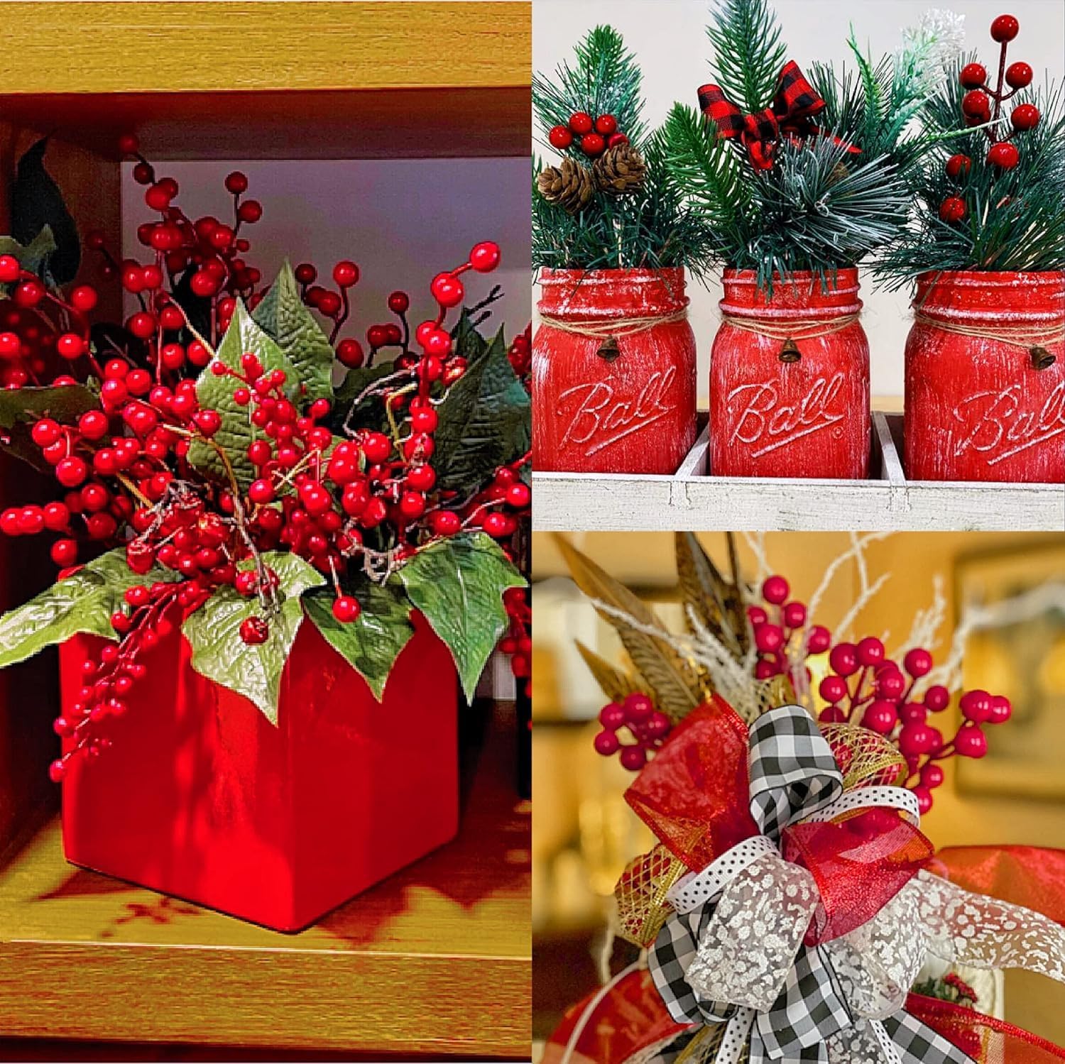 Sggvecsy 60 Pcs Artificial Pine Branches and Red Berry Stems for Christmas Decor