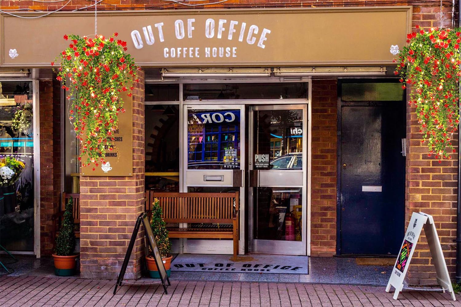 3 Pack Fake Hanging Plants with LED Lights for Outdoor Decor Red