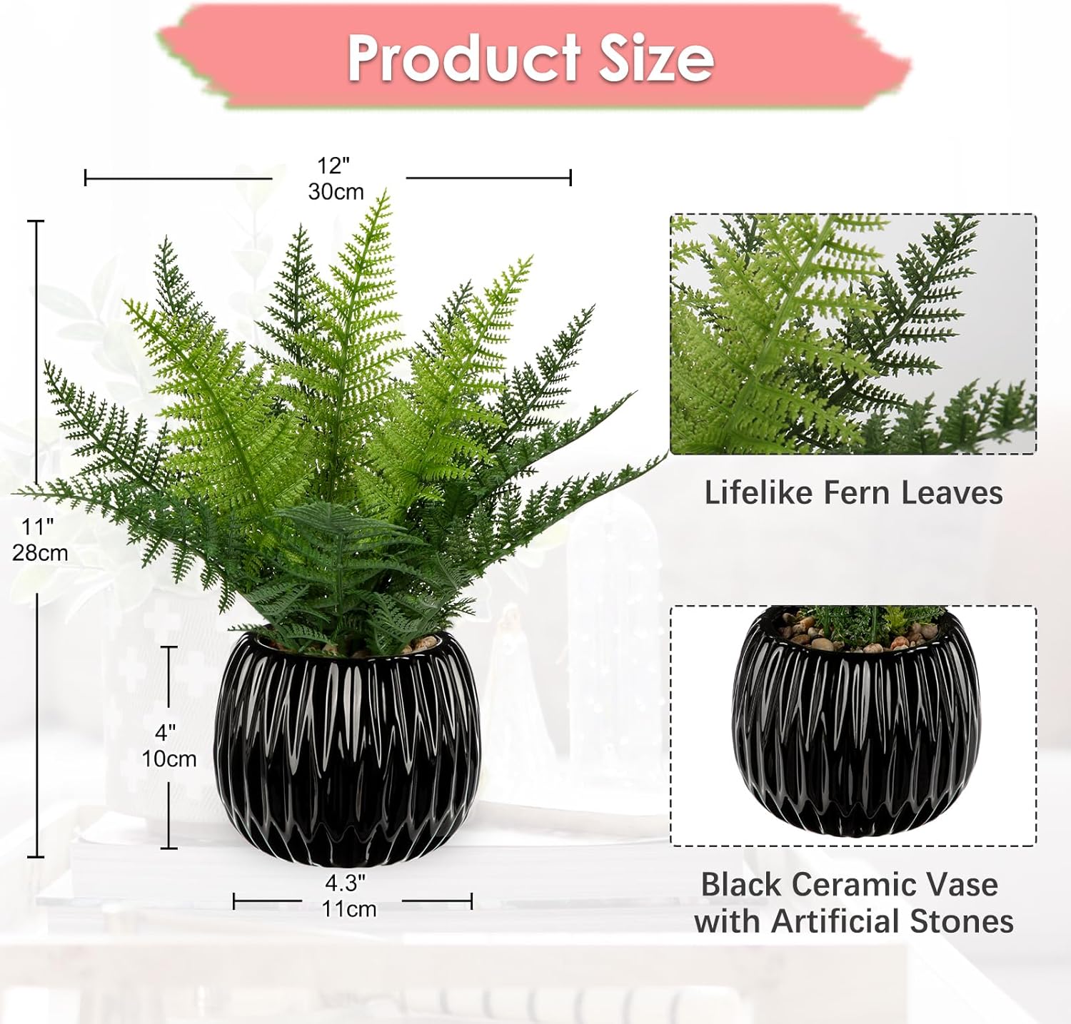 DILATATA Faux Plant 13 Artificial Potted Fern for Home Office Decor