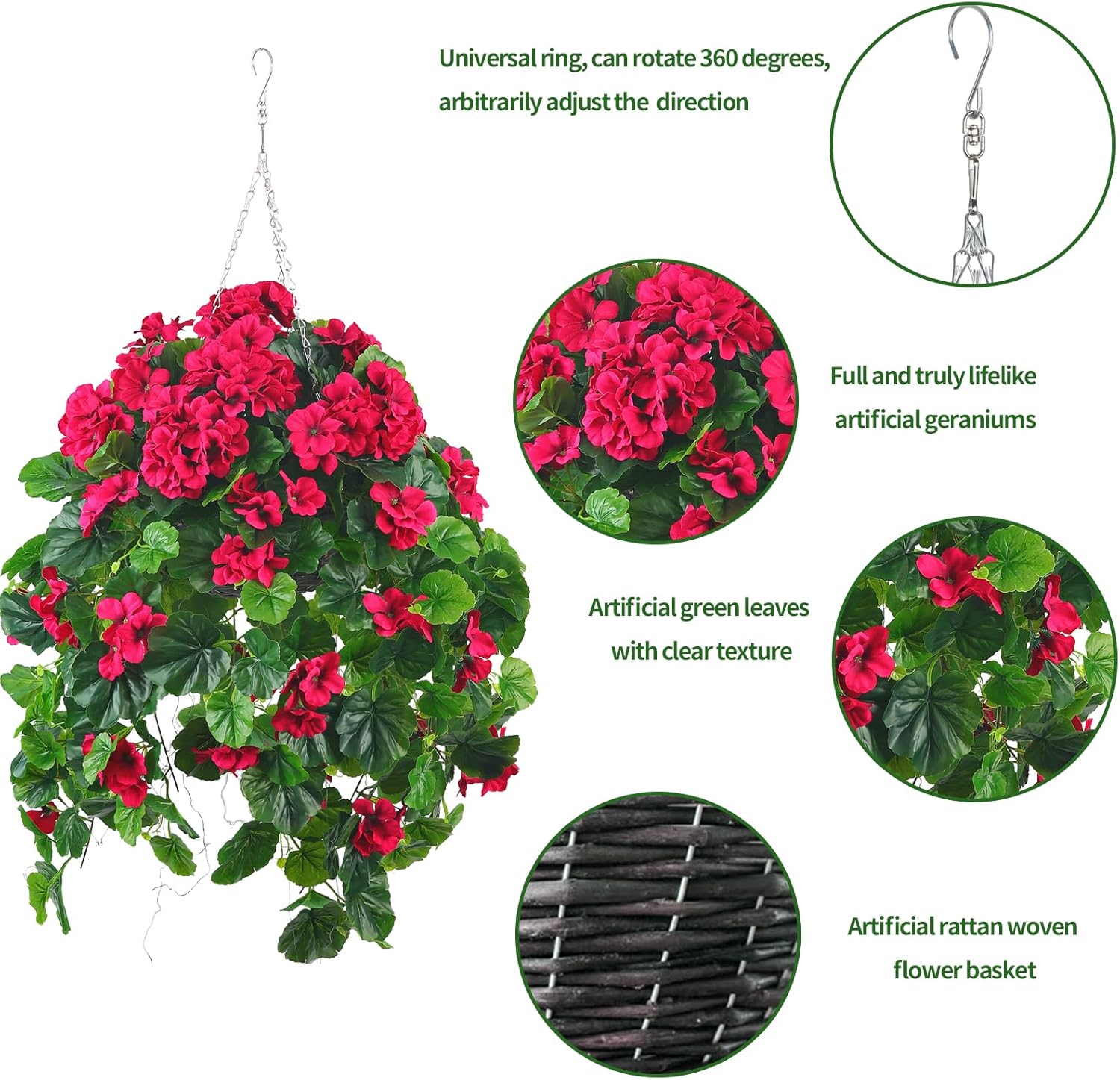 QIANYUN 2PCS Fake Hanging Plants with Red Geranium Flowers
