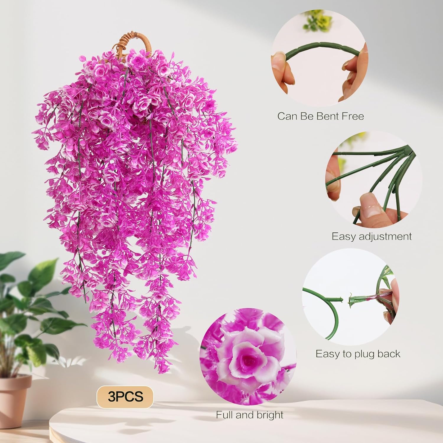 3Pcs Artificial Hanging Rose Plants 295 in UV Resistant for Home Indoor Outdoor Decor Wedding Party