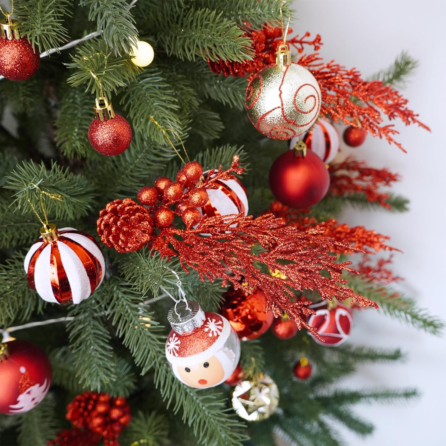 Winlyn 12 Pcs Red Glitter Artificial Pine Branches with Pinecone and Berries for Christmas Decor