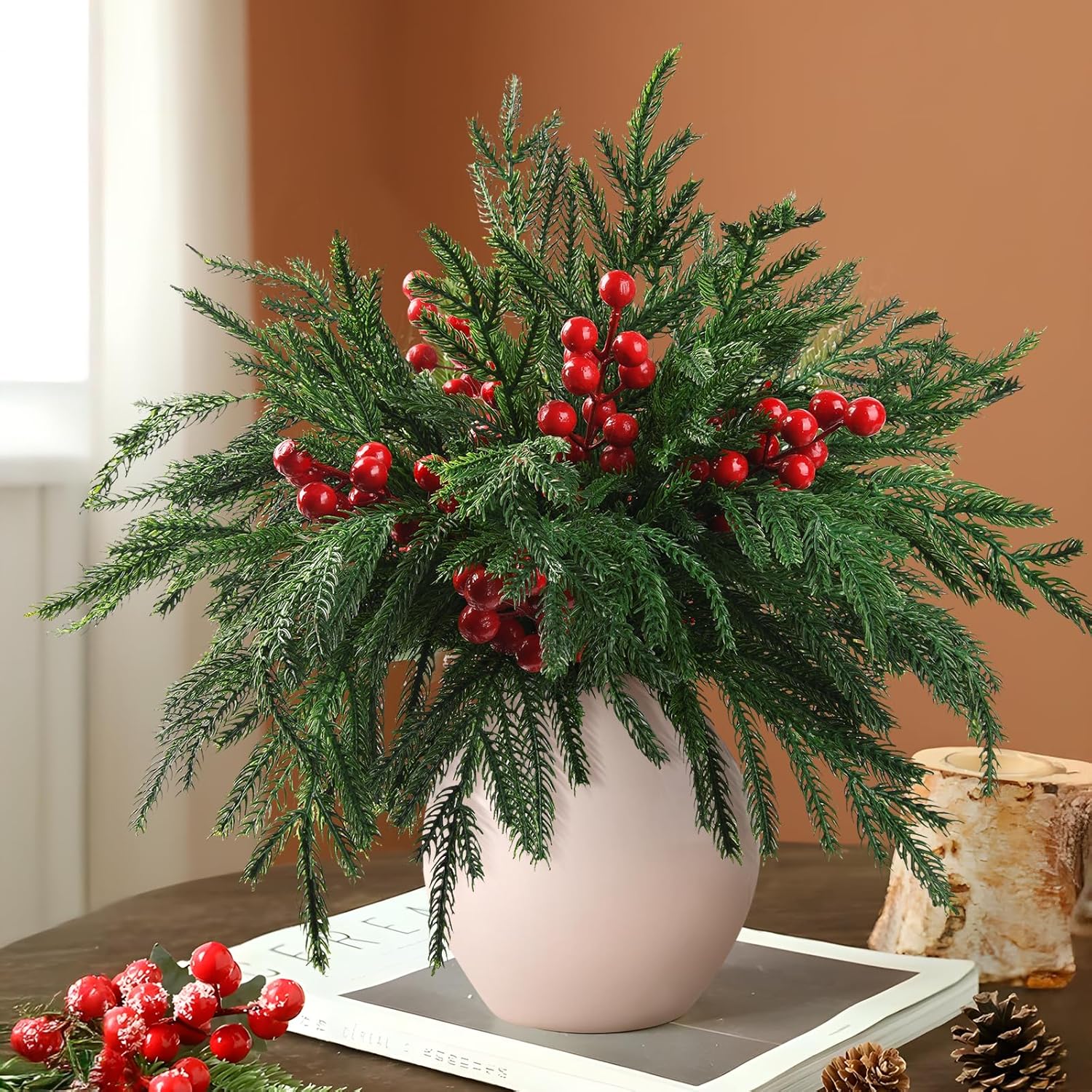 10 Pcs Christmas Norfolk Pine Stems with Red Berries for Decor