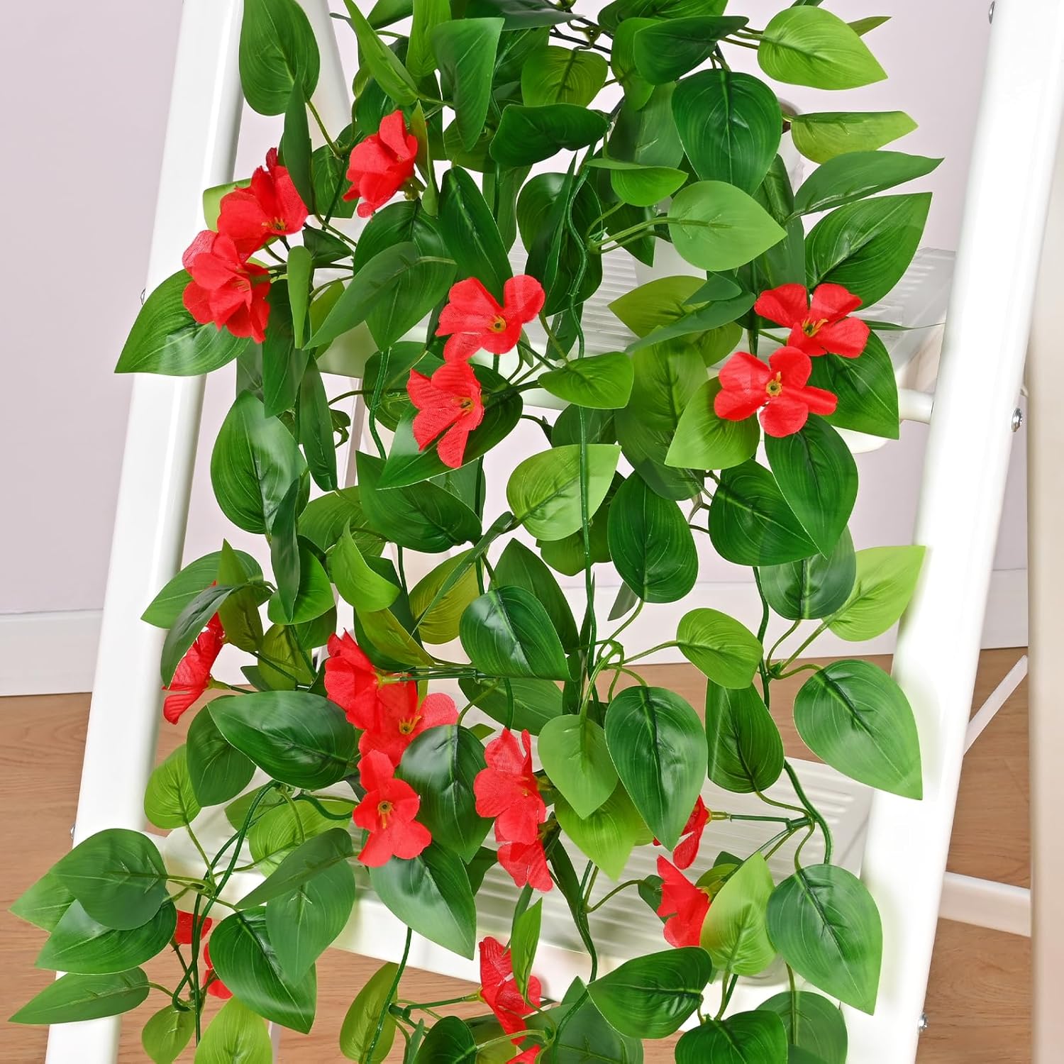 BLEUM CADE 2pcs Fake Hanging Pothos Vines with Red Flowers for Wall Decor