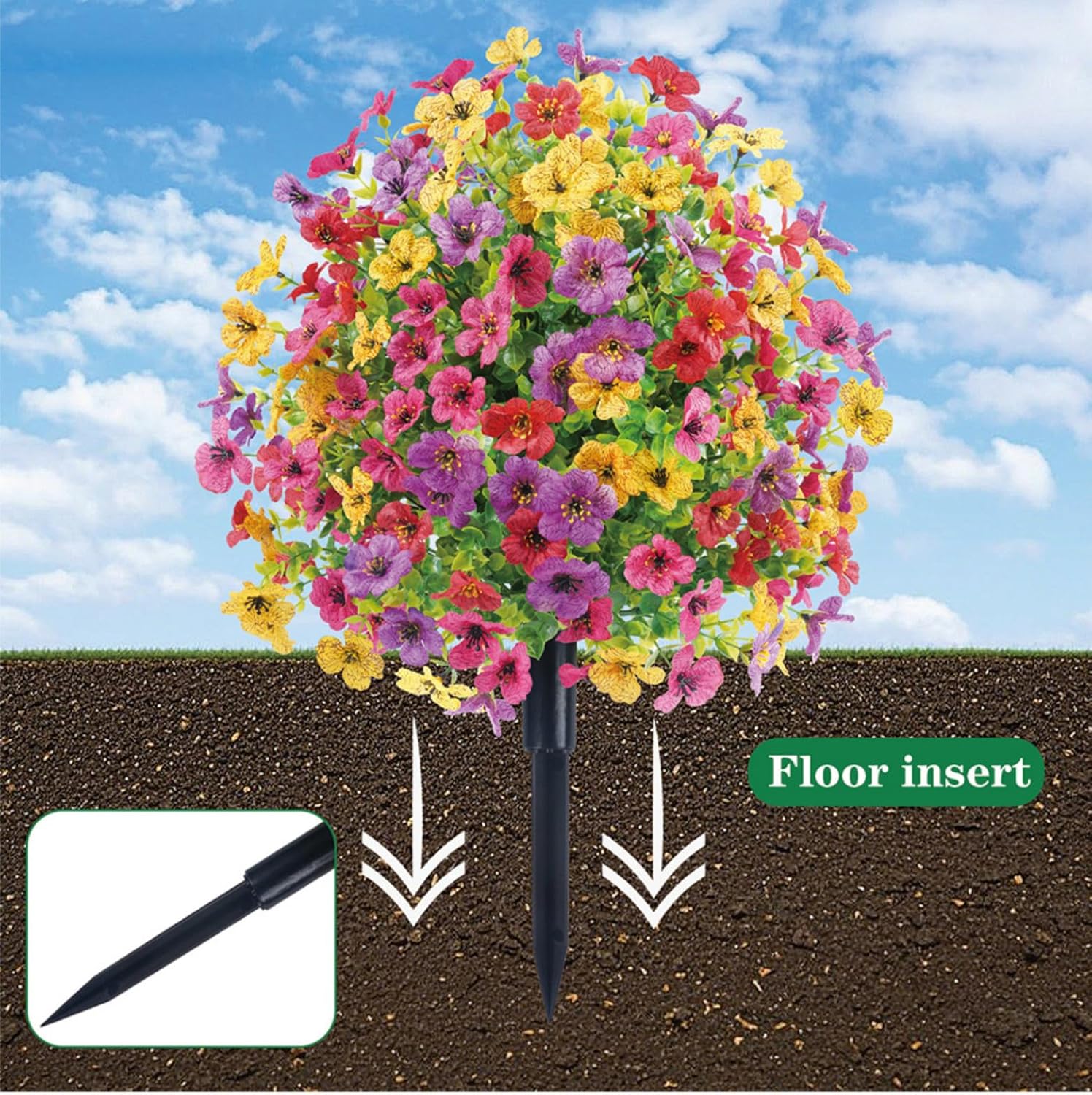 Artificial Flower Garden Stake 24 Multicolor UV Resistant Plastic Faux Greenery