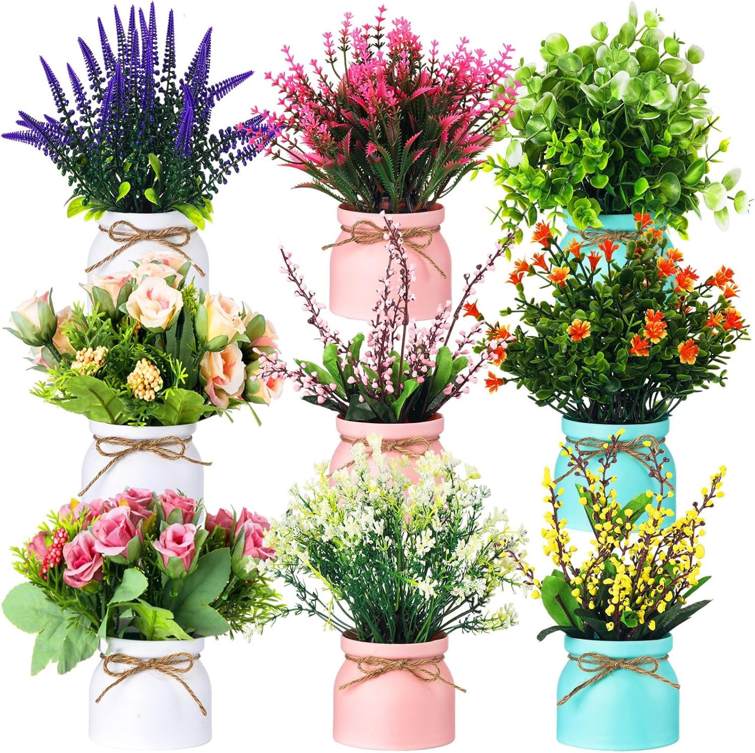 9 Pcs Artificial Pot Flowers with Vase Table Decor
