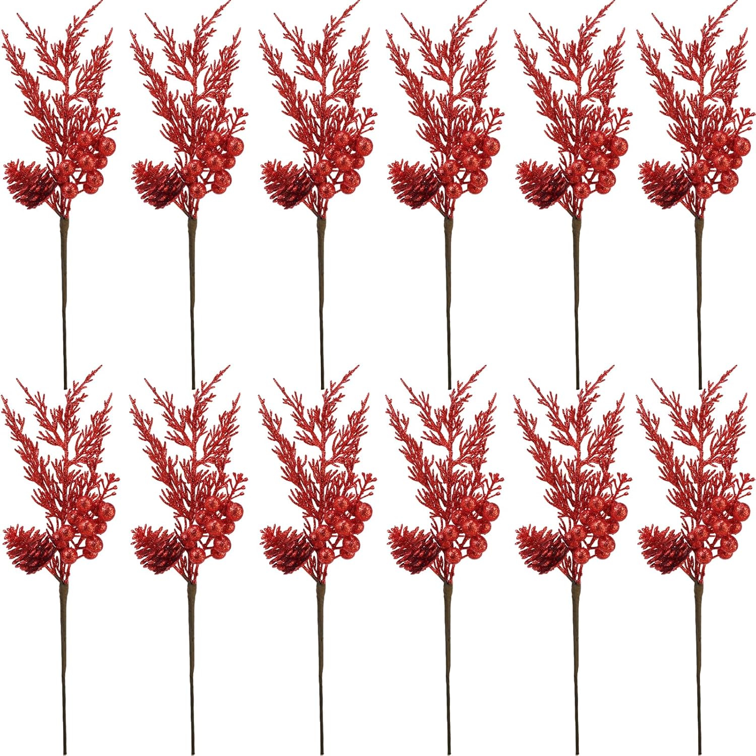 Winlyn 12 Pcs Red Glitter Artificial Pine Branches with Pinecone and Berries for Christmas Decor