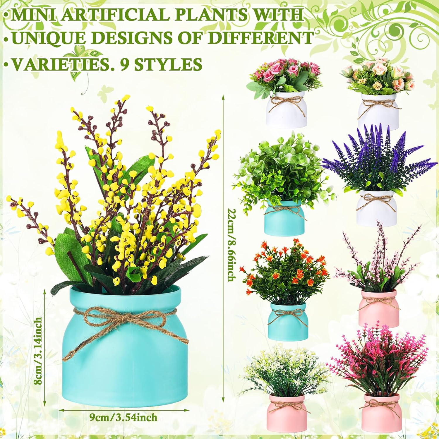 9 Pcs Artificial Pot Flowers with Vase Table Decor