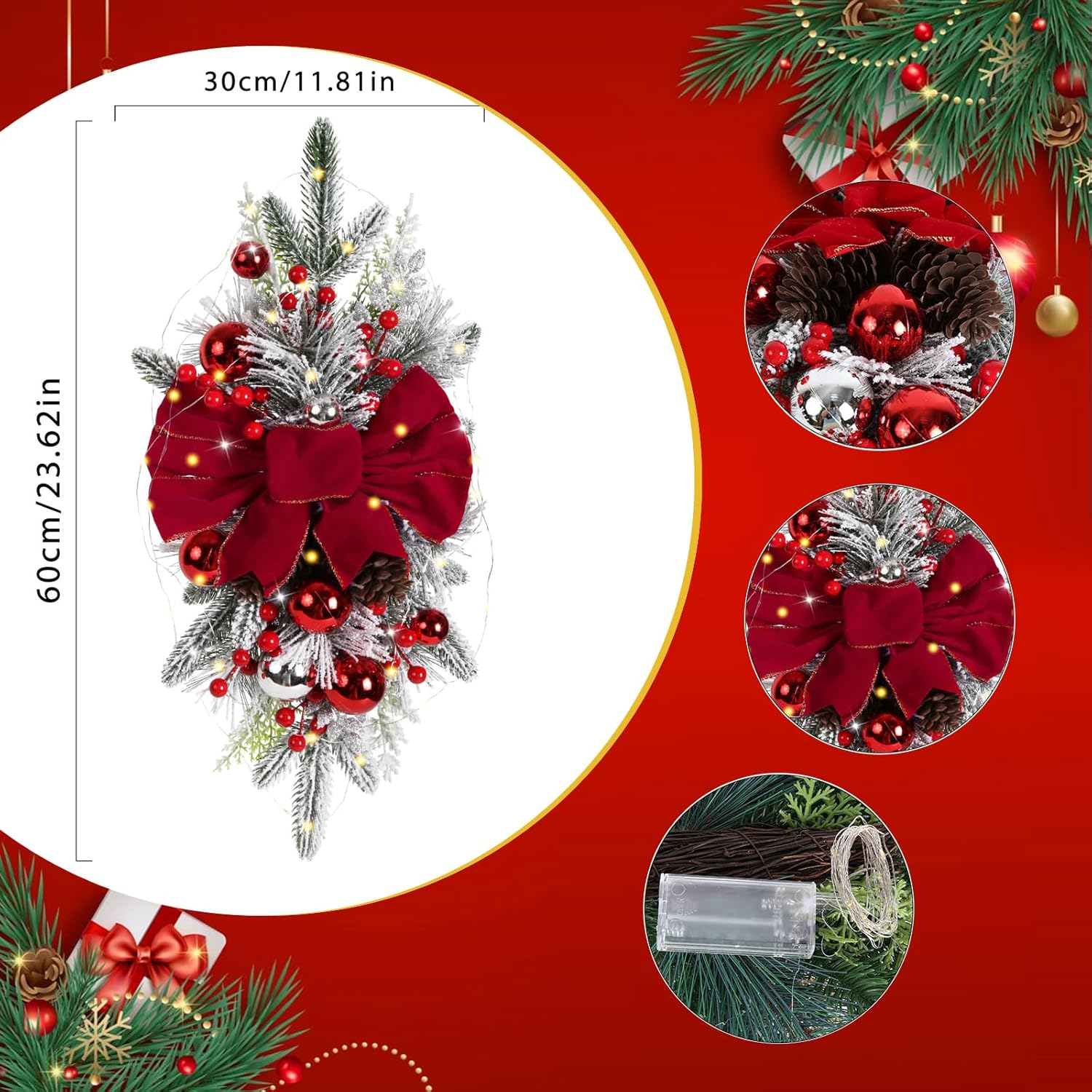 Red Artificial Christmas Teardrop Swag with Glitter Balls and Berries