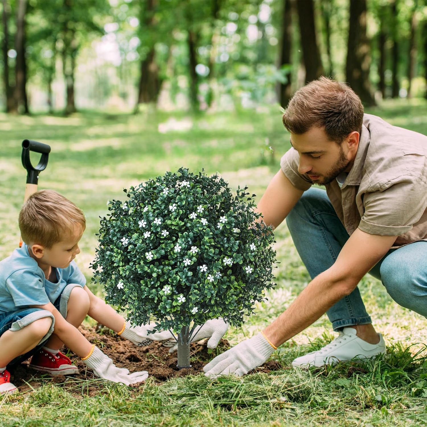 Artificial Boxwood Topiary with White Flowers Set of 2 UV Resistant Outdoor Decor