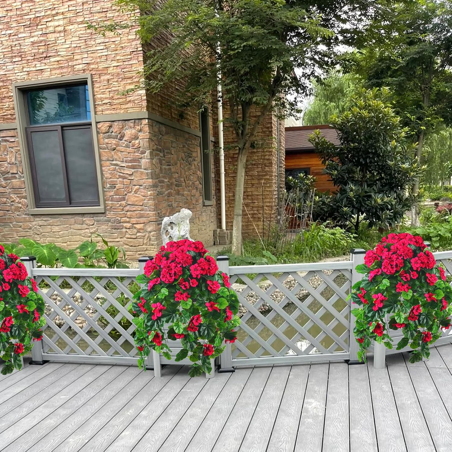 QIANYUN 2PCS Fake Hanging Plants with Red Geranium Flowers