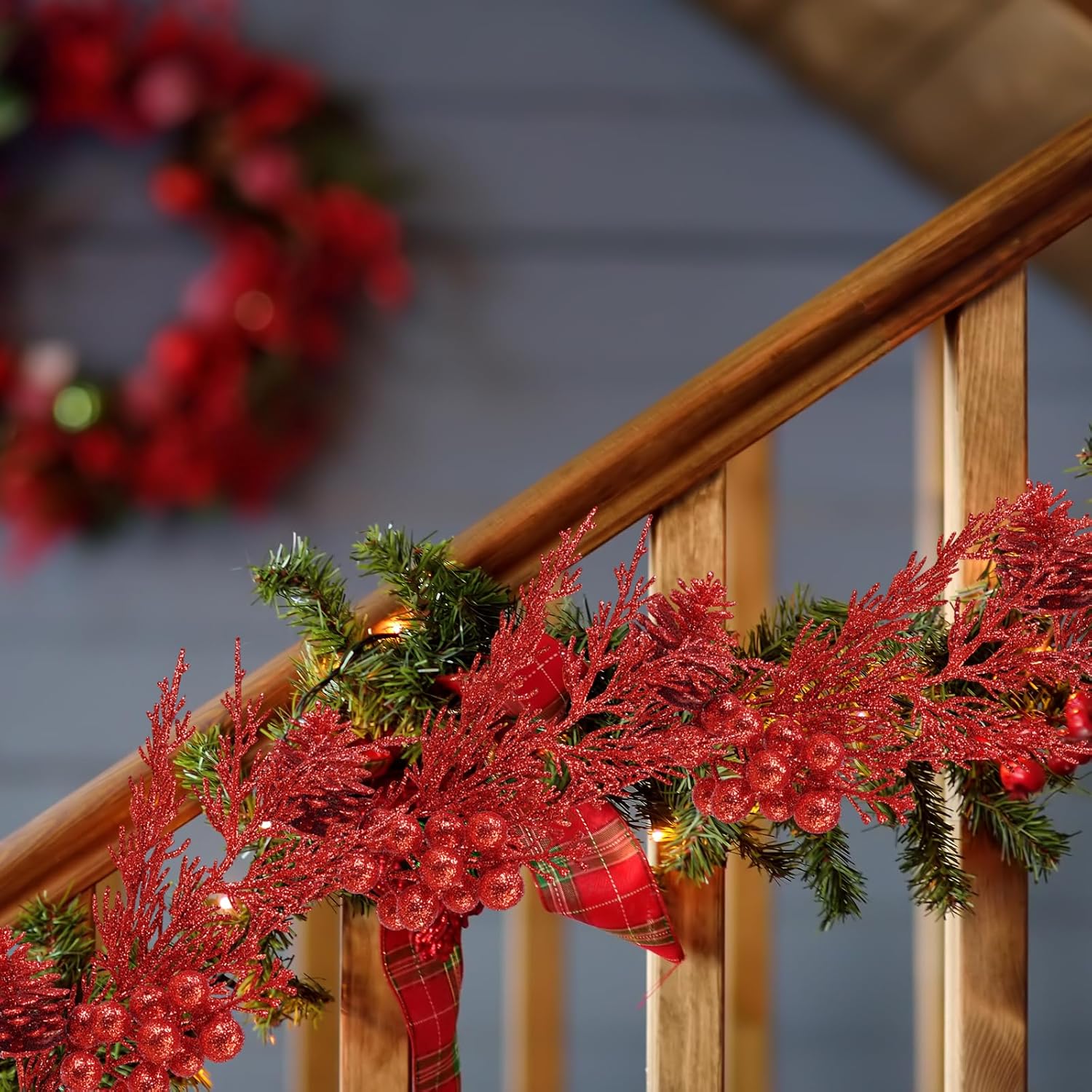 Winlyn 12 Pcs Red Glitter Artificial Pine Branches with Pinecone and Berries for Christmas Decor