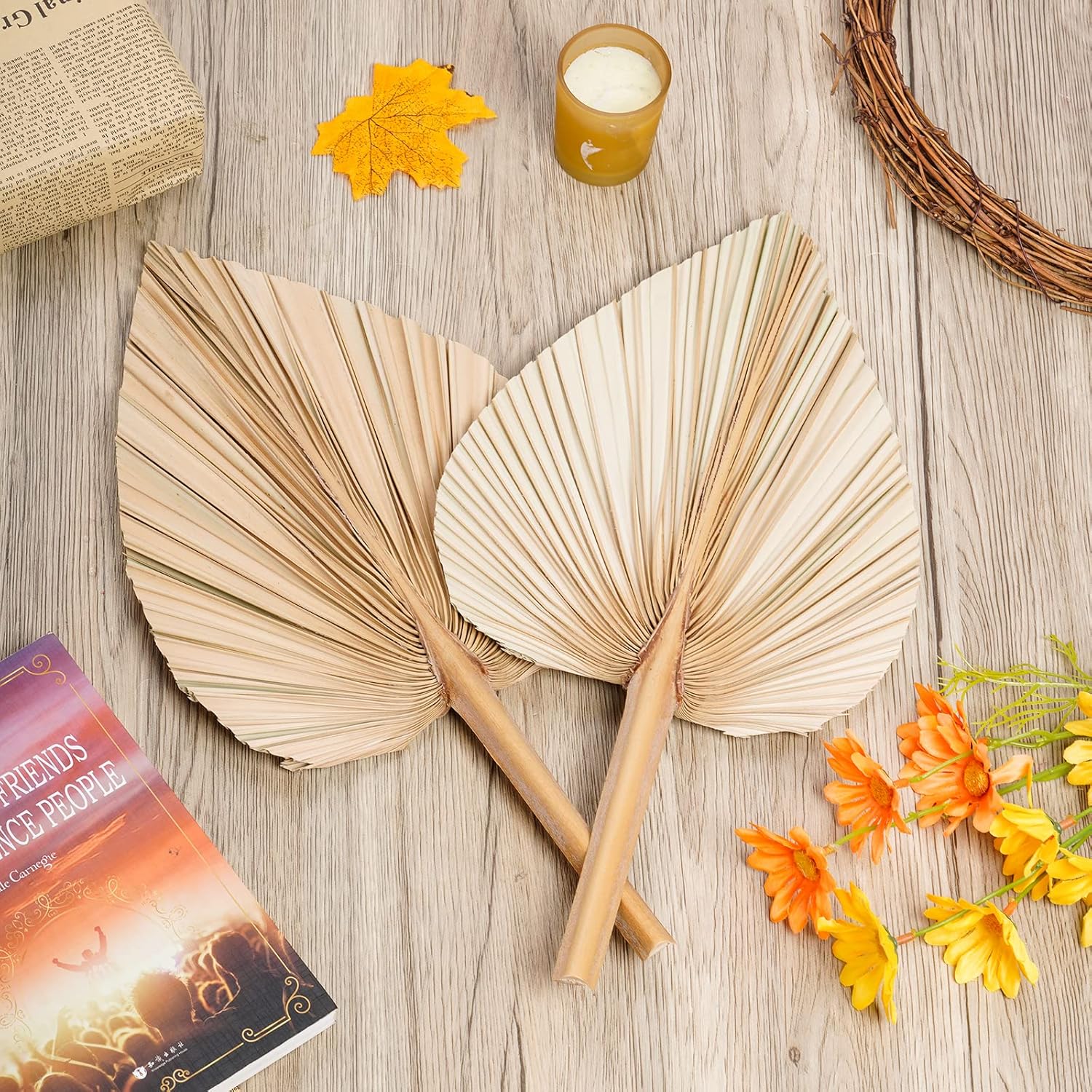 Rbenxia 4 Piece Dried Palm Leaves Heart Shaped Boho Fans for Holidays Weddings Parties and Baby Showers