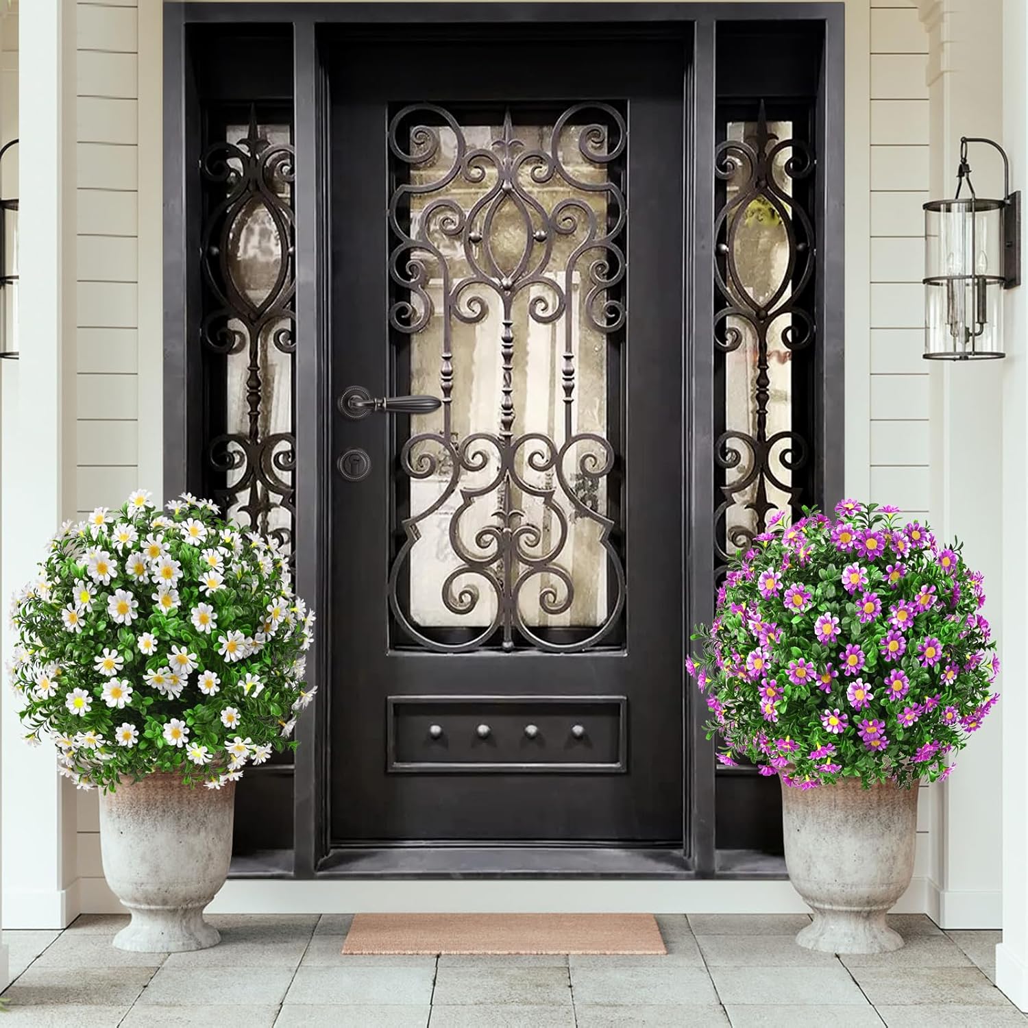 23 Inch Set of 2 Artificial Boxwood Topiary with Sunflowers and Spikes for Outdoor Decor