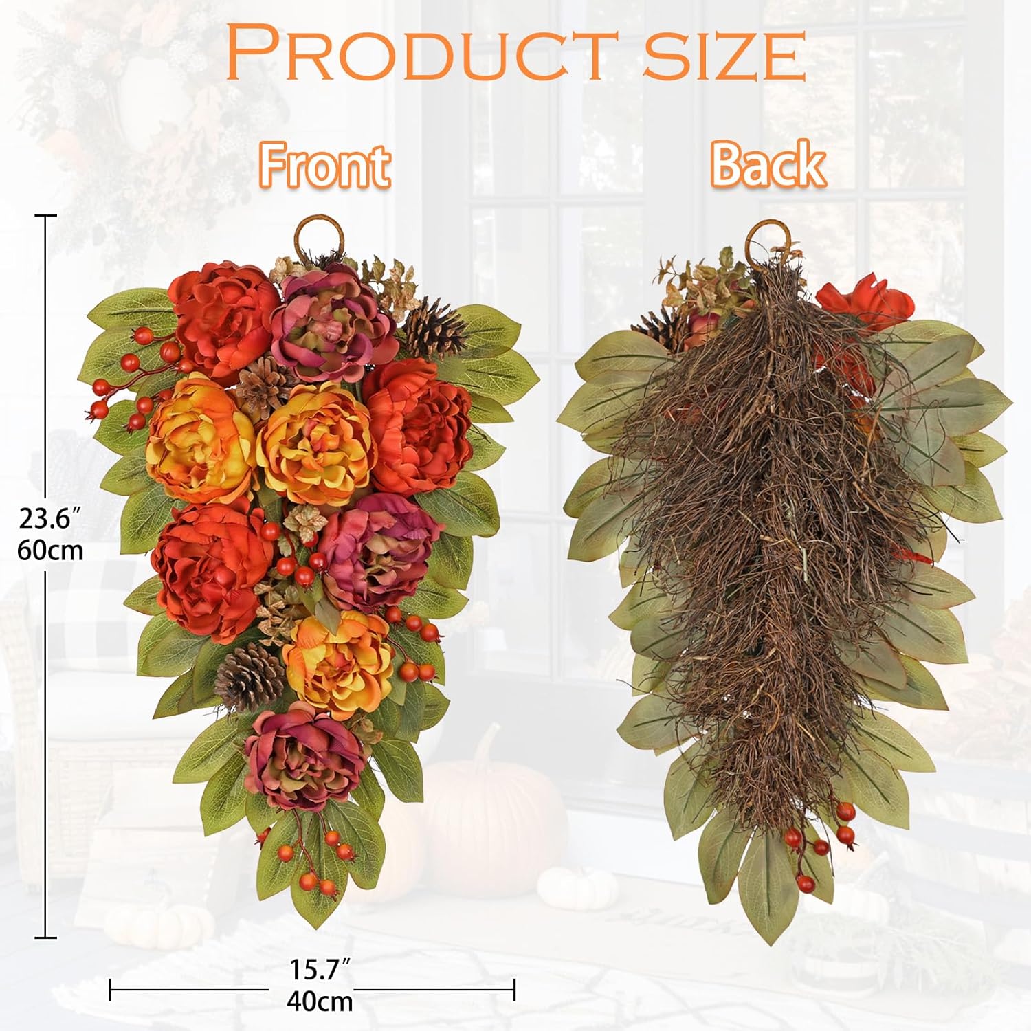 Fall Teardrop Swag with Peonies 236 Inch Artificial Hanging Decor