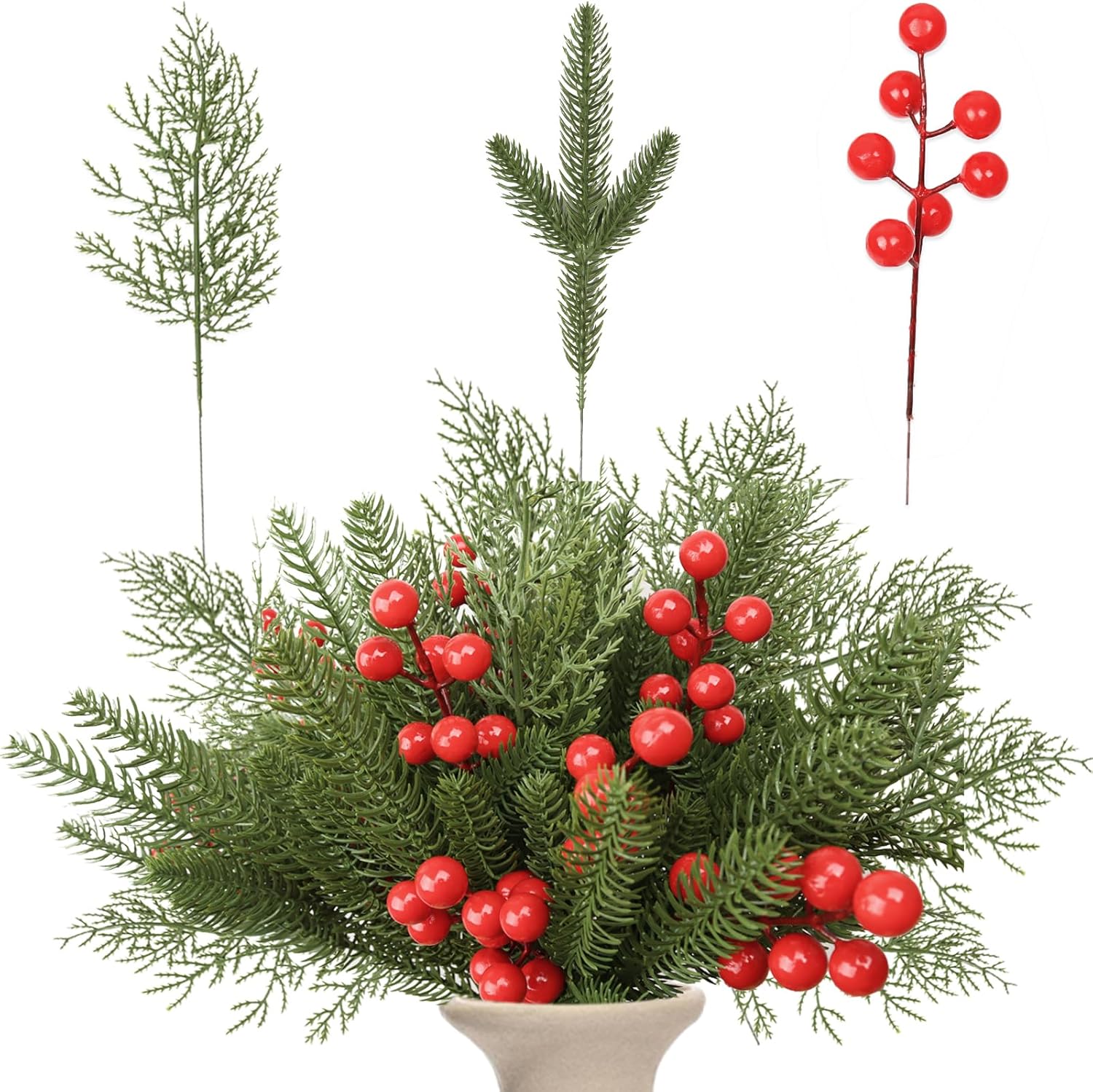 95PCS Christmas Wrapping Decor Set with Artificial Pine Faux Greenery and Red Berries