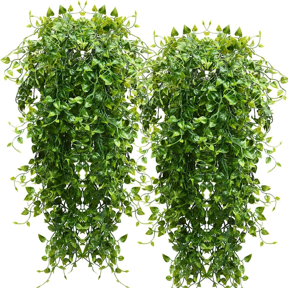 CLONG 2pcs Artificial Hanging Plants 32-in Fake Ivy Vine Outdoor UV Resistant Decor