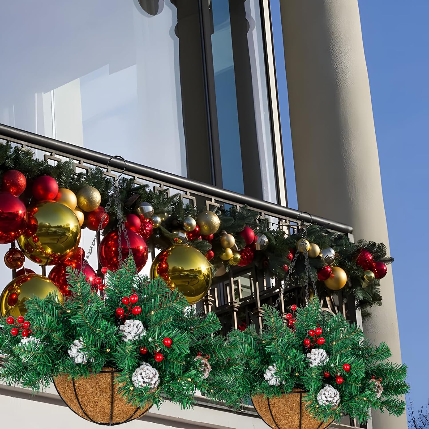 Ciaell 22inch Artificial Christmas Hanging Basket with LED Lights and Pine Cones Berries