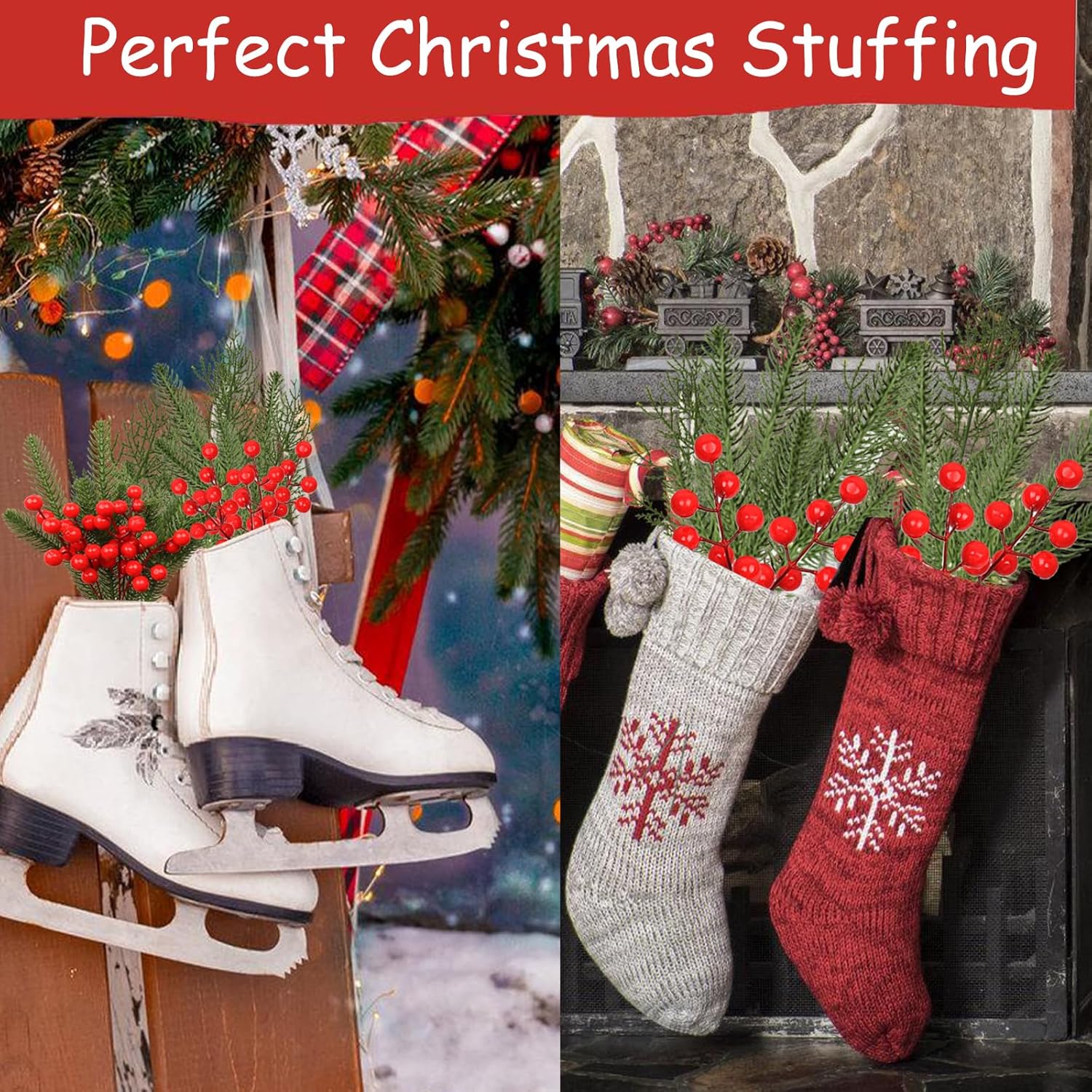 95PCS Christmas Wrapping Decor Set with Artificial Pine Faux Greenery and Red Berries