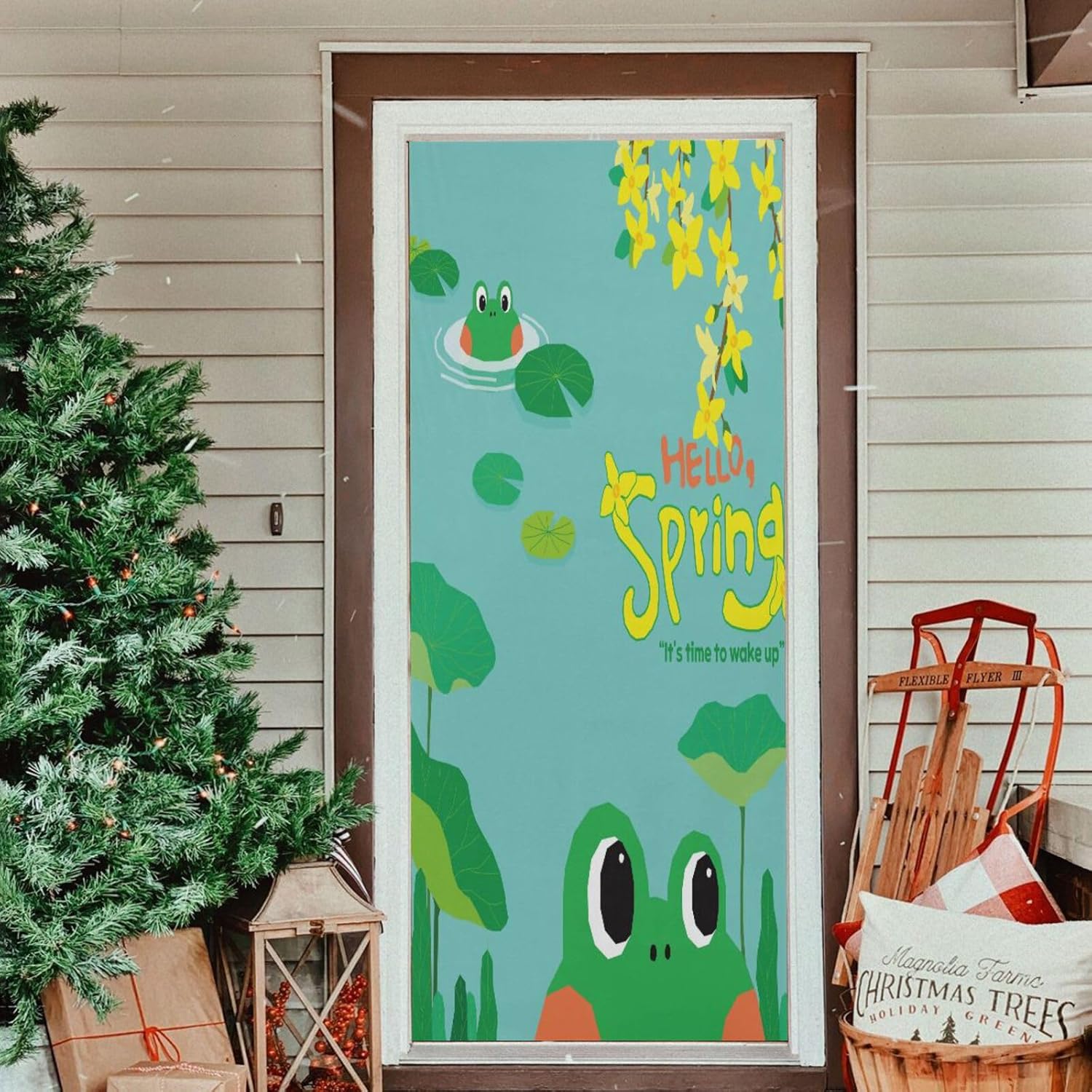 Susiyo Hello Spring Frog Door Cover Fabric Draft Stopper
