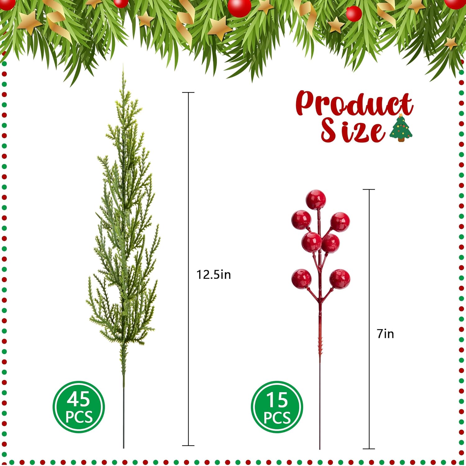 60 Pcs Set Artificial Pine Branches with Red Berries for Christmas
