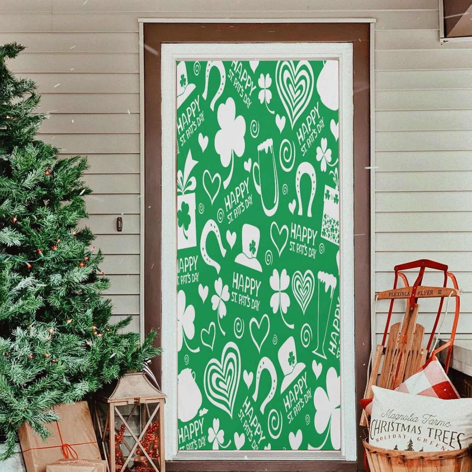 Susiyo Green Clover Halloween Door Cover Stretch Fabric Door Decoration for Home Party Holidays
