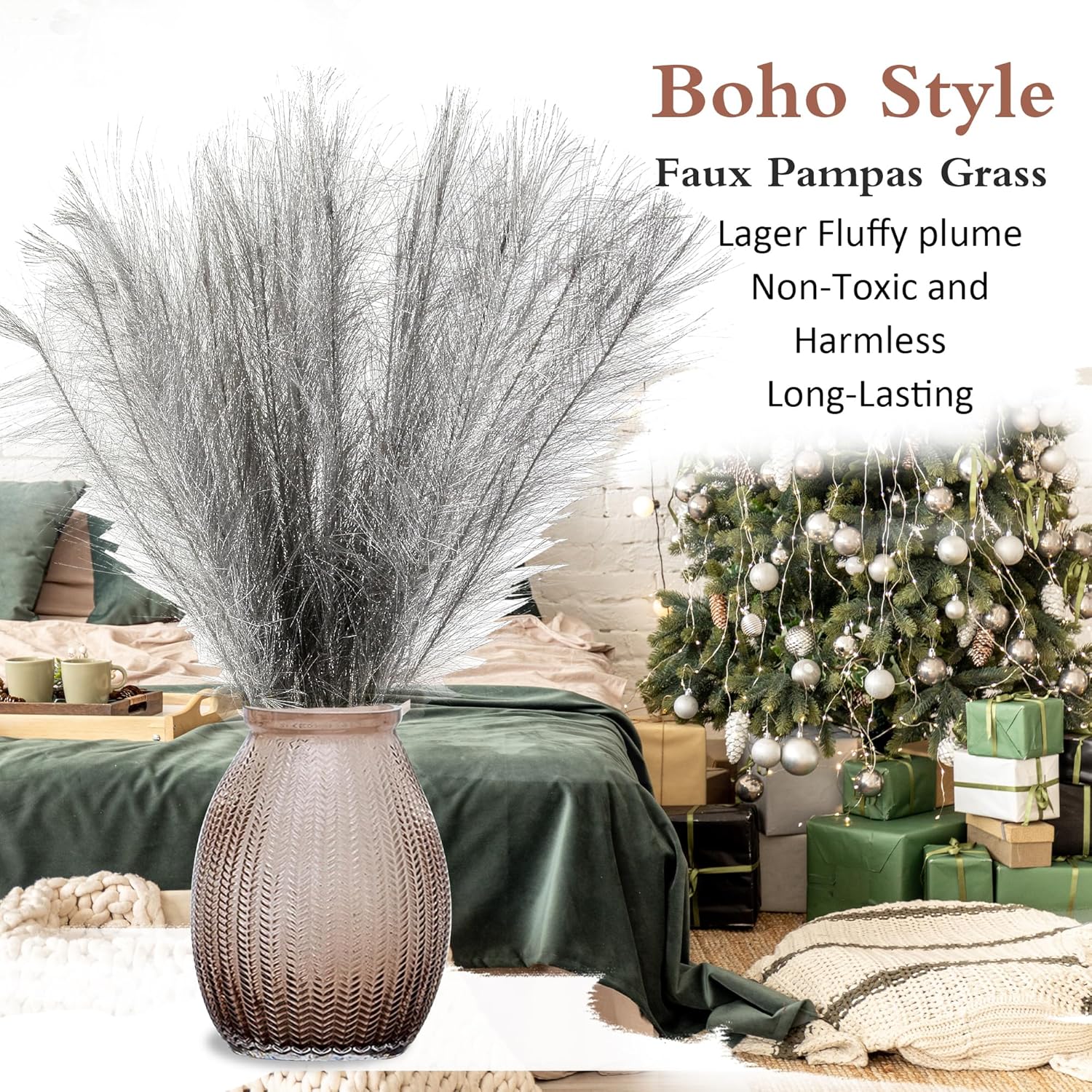 30 pcs Silver Faux Pampas Grass Decor 17 Inch