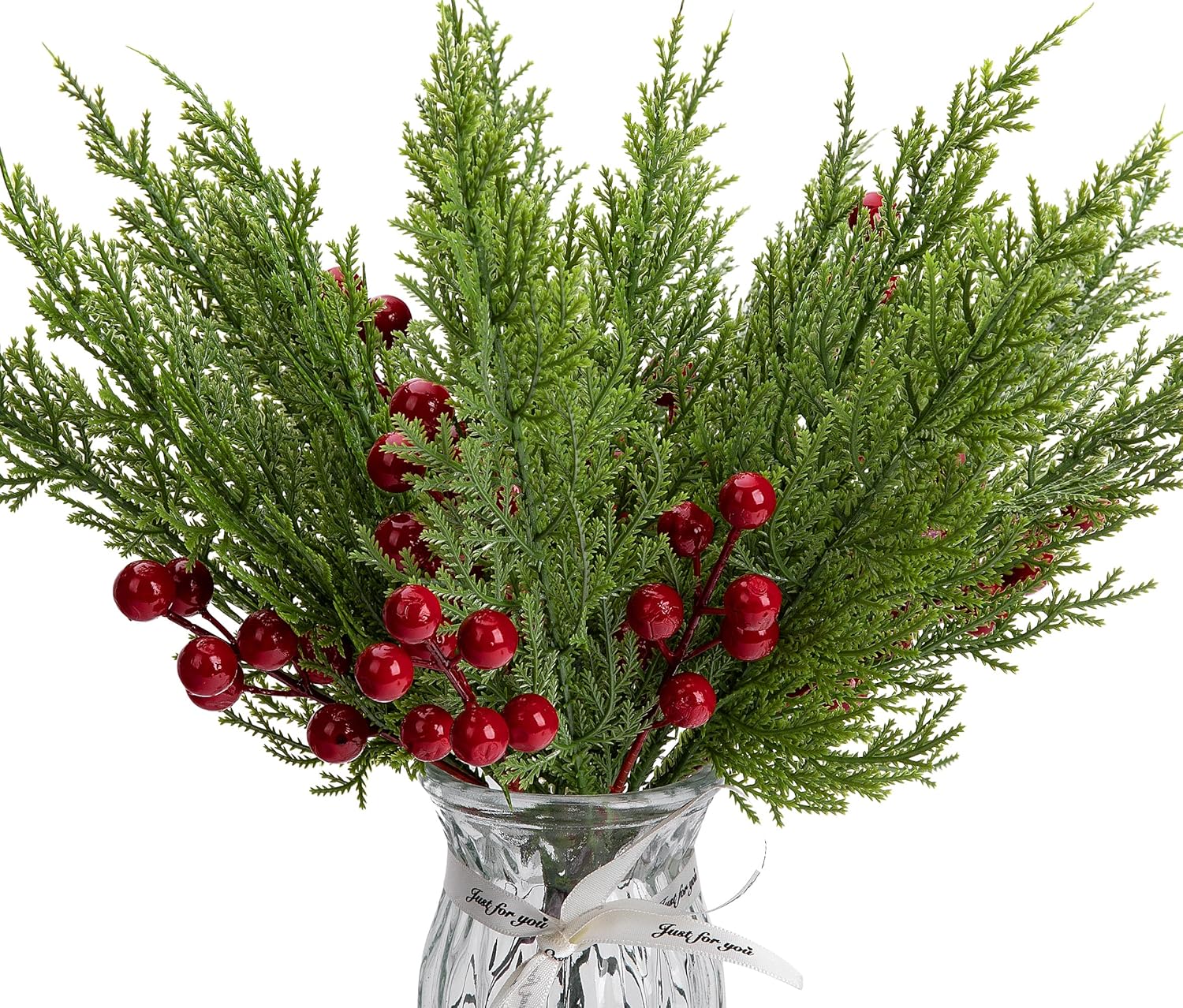 60 Pcs Set Artificial Pine Branches with Red Berries for Christmas