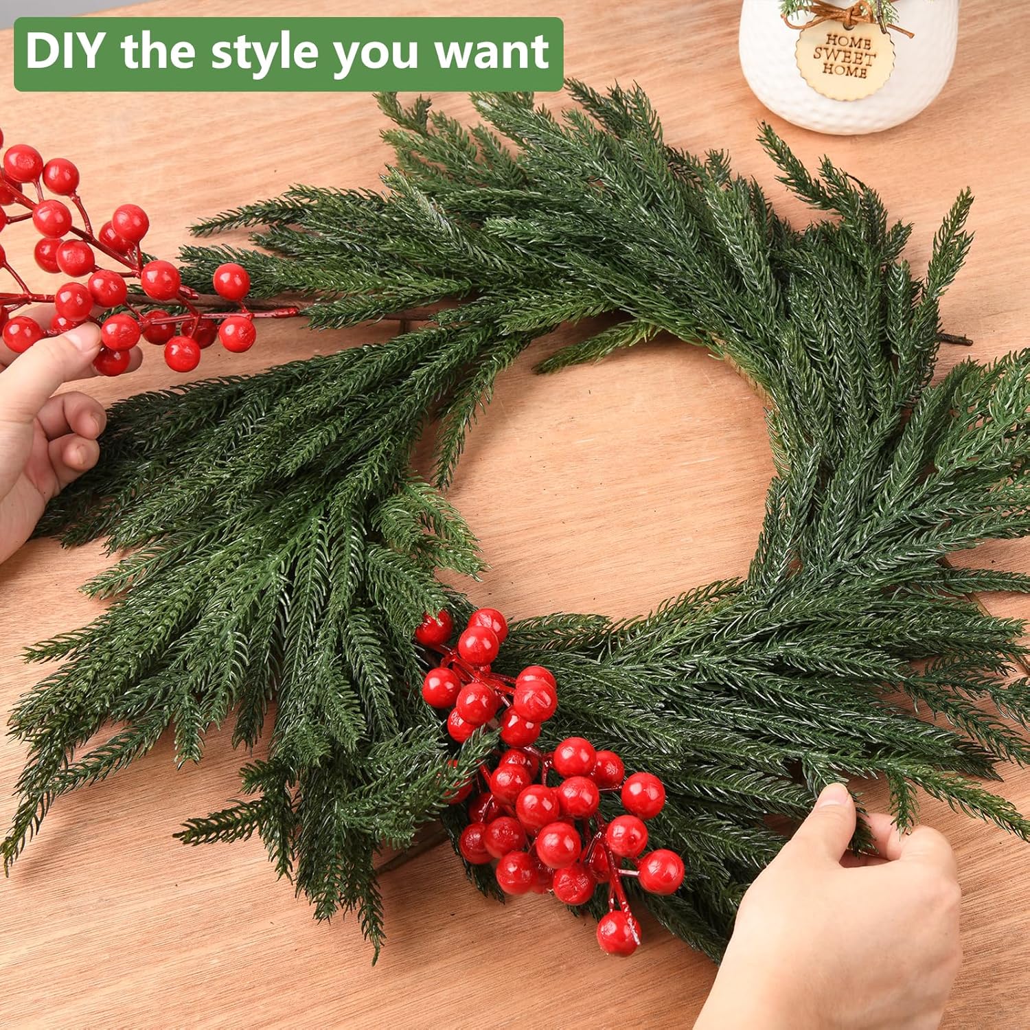 10 Pcs Christmas Norfolk Pine Stems with Red Berries for Decor