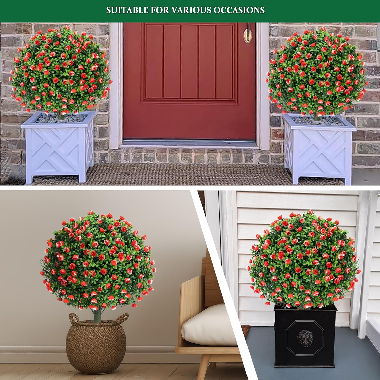 MOOMASS Artificial Rose Topiary Ball Trees Set of 2 24 Inch UV Resistant Fake Evergreen Shrubs with Ground Spike