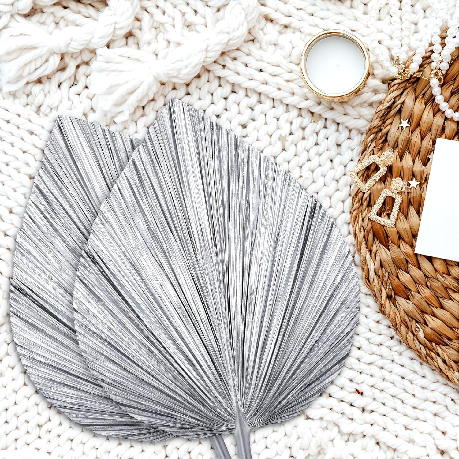 4 Pcs Large Silver Dried Palm Leaves Boho Decor