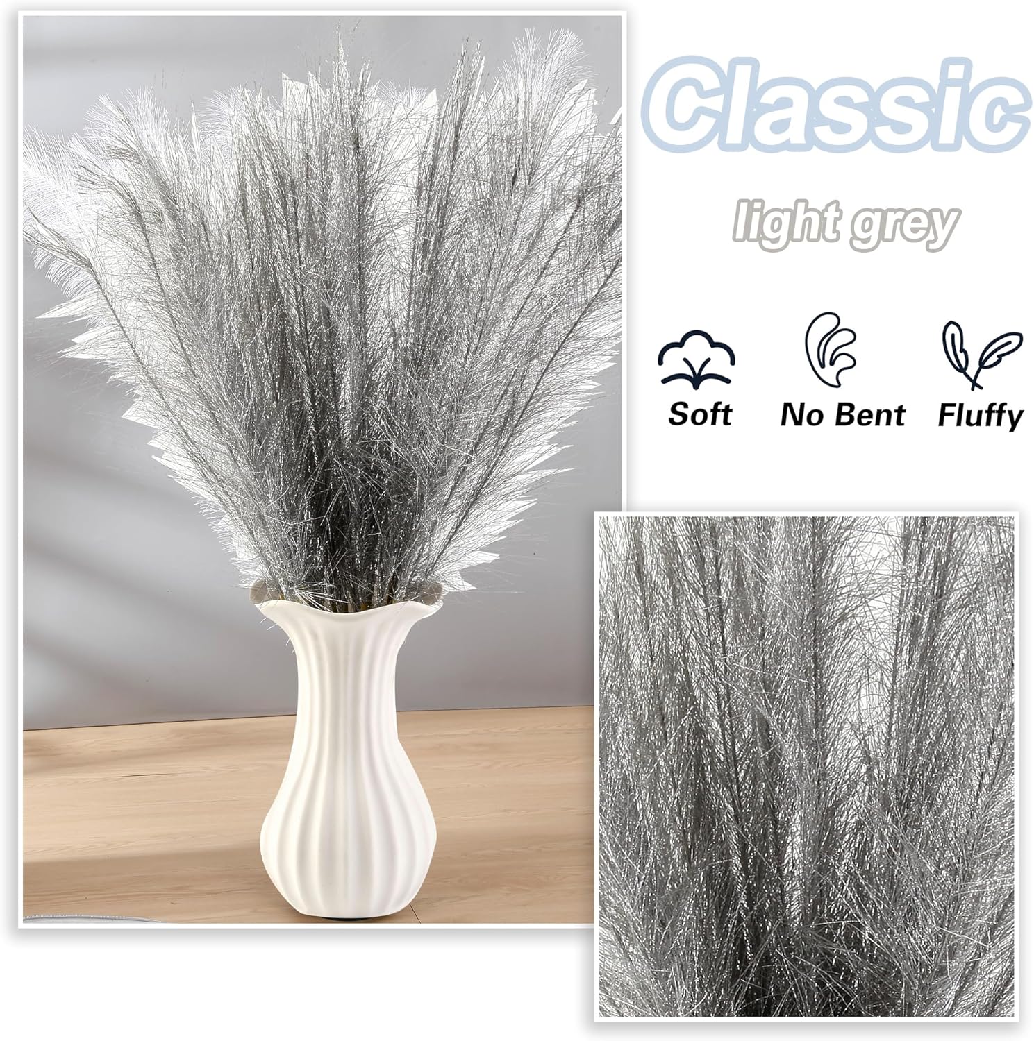 30 pcs Silver Faux Pampas Grass Decor 17 Inch