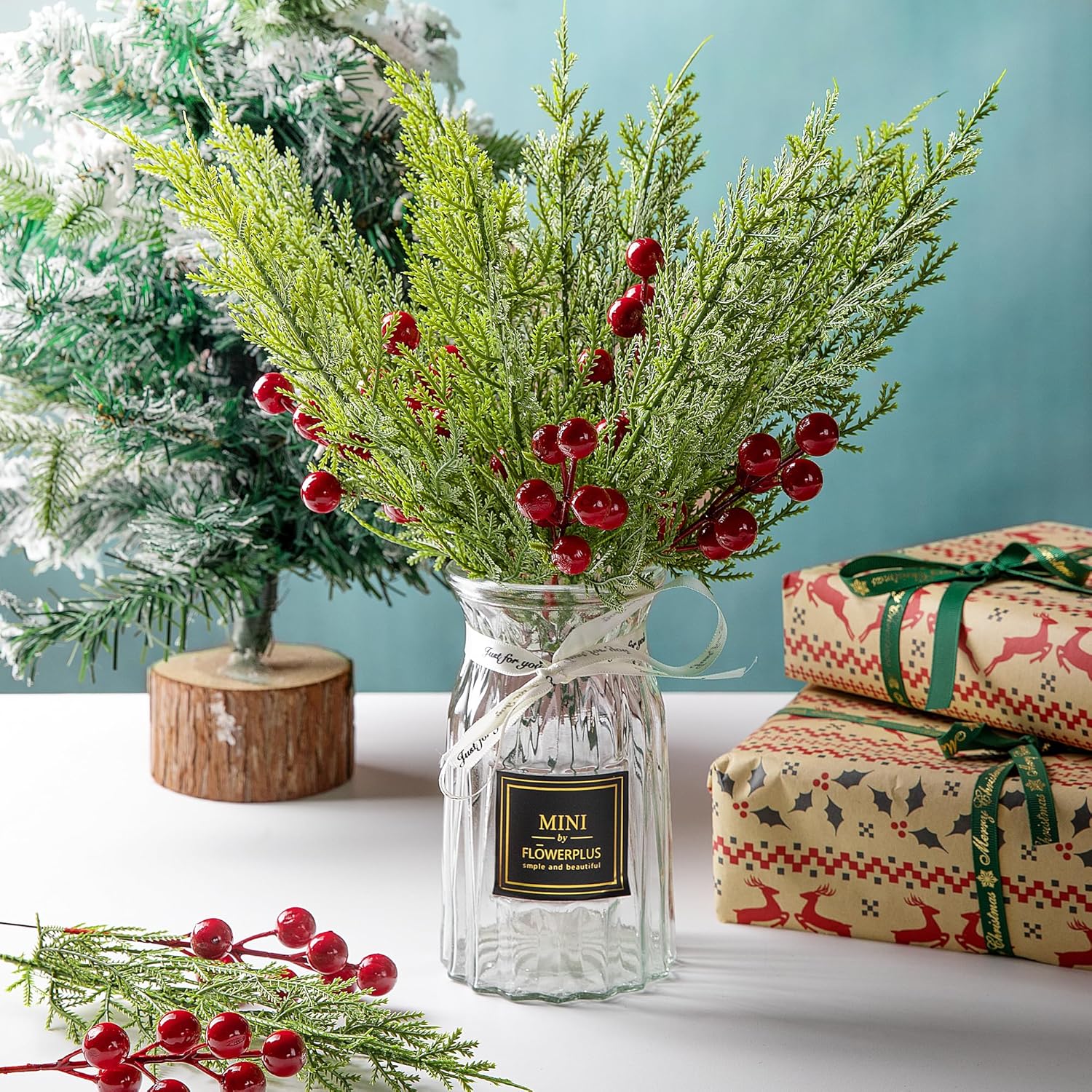 60 Pcs Set Artificial Pine Branches with Red Berries for Christmas