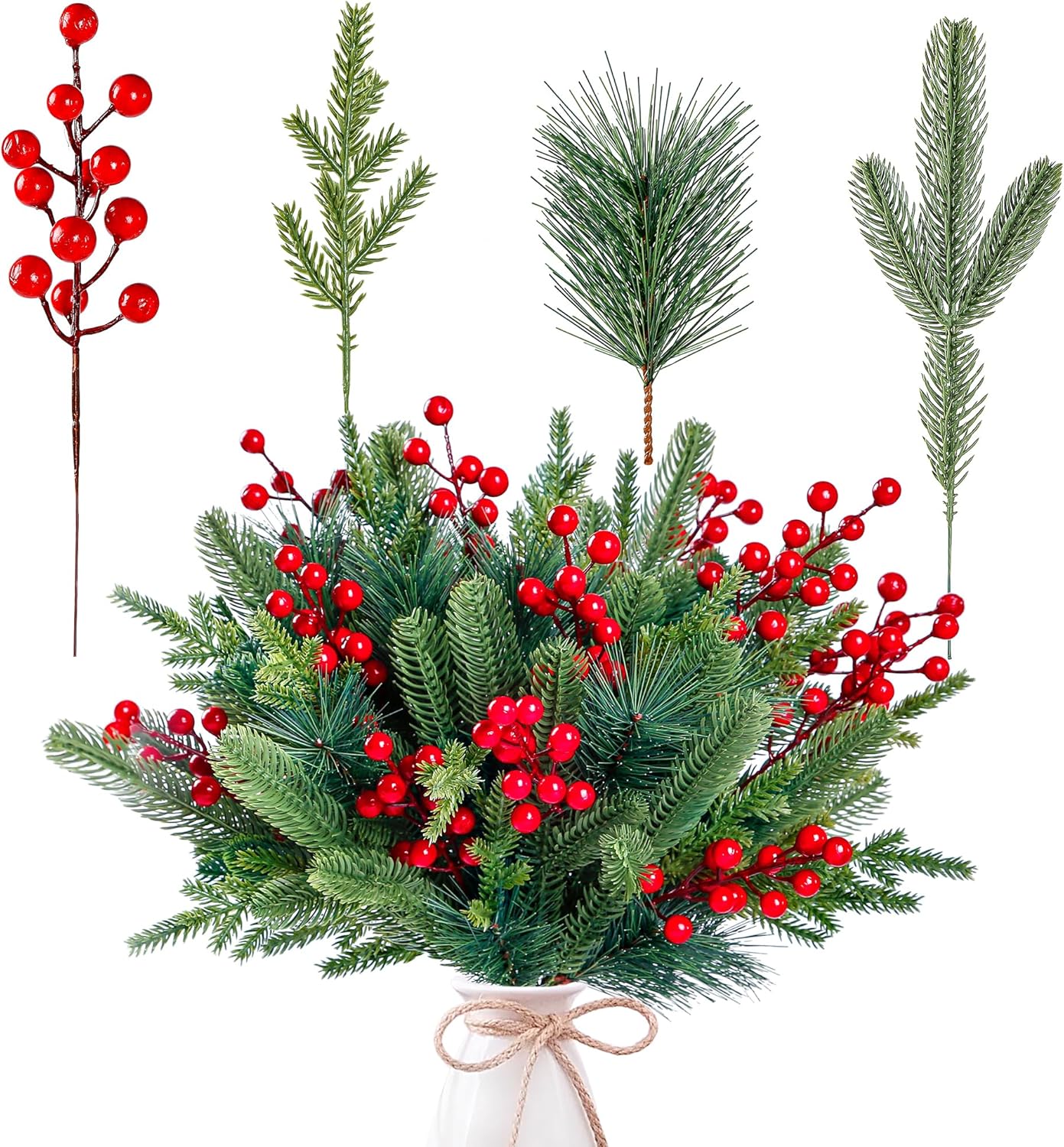 Sggvecsy 60 Pcs Artificial Pine Branches and Red Berry Stems for Christmas Decor